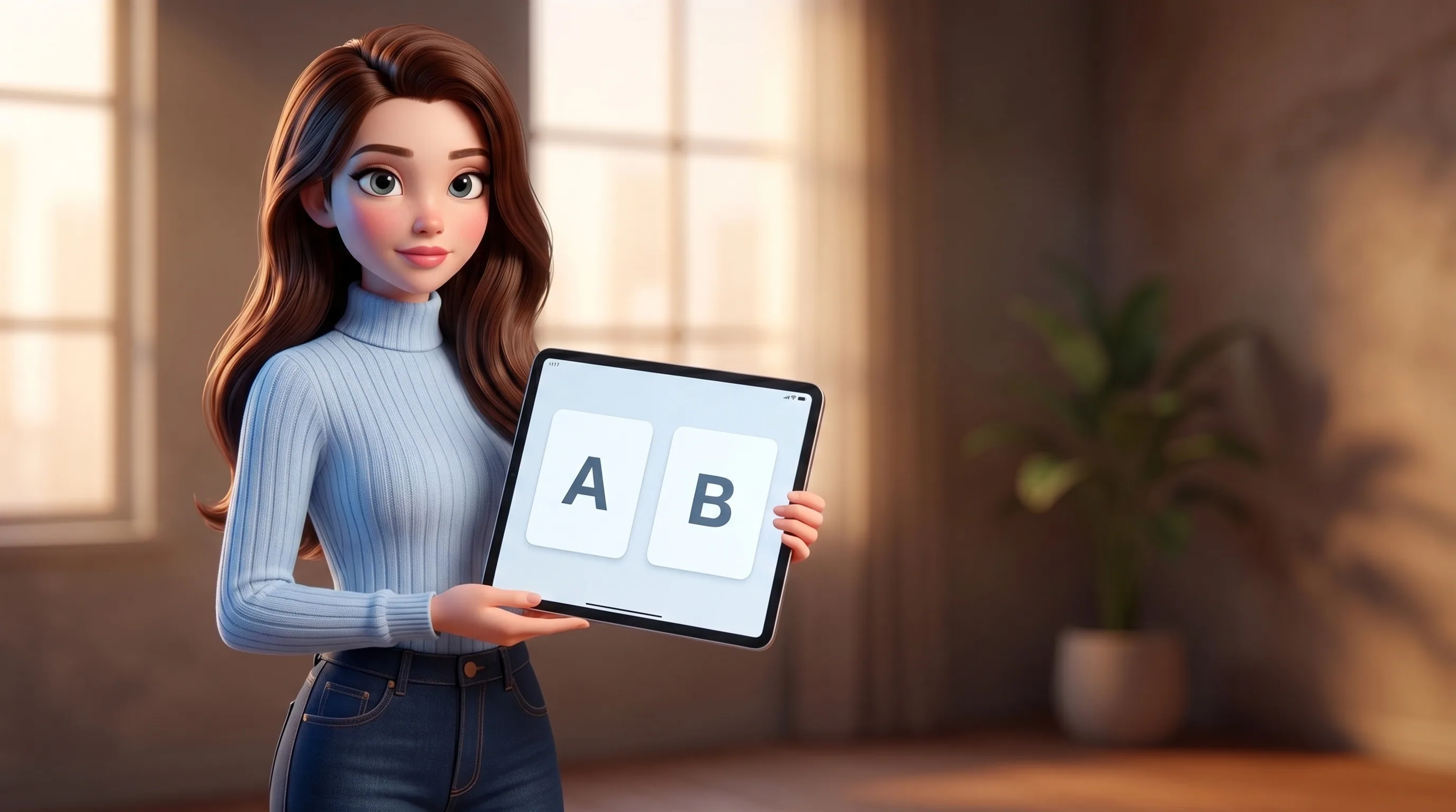 Mari calmly holding two physical envelopes labelled Option A and Option B, waiting for your tap