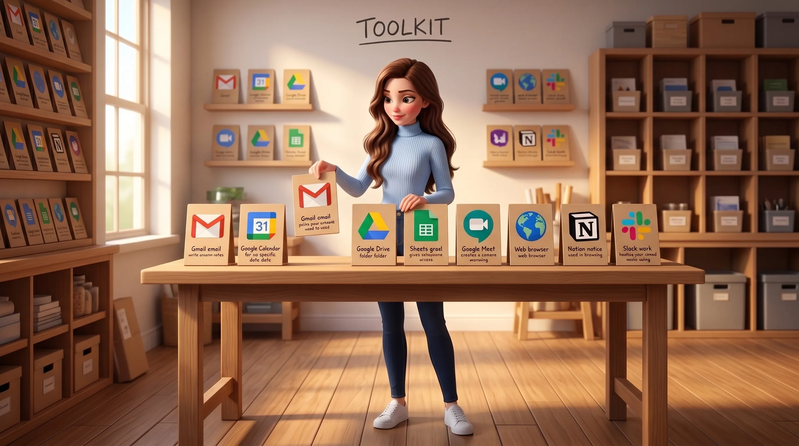 Mari at a workshop bench with eight tool cards displaying Gmail, Calendar, Drive, Sheets, Meet, browser, Notion and Slack logos