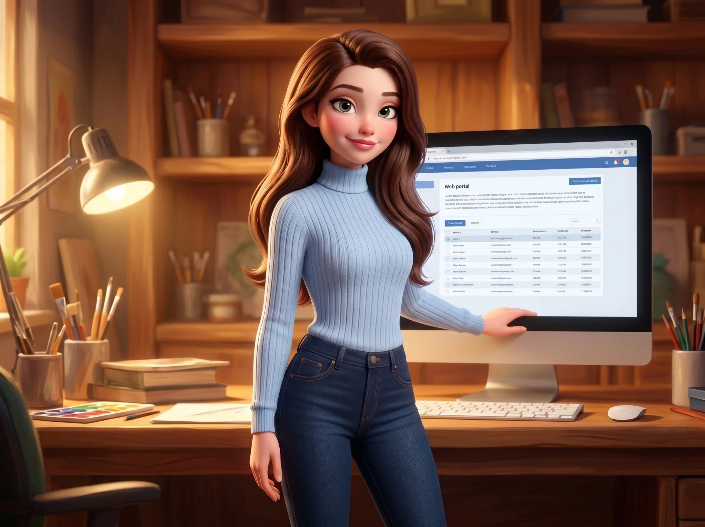 Mari standing in her studio with a live browser session running behind her