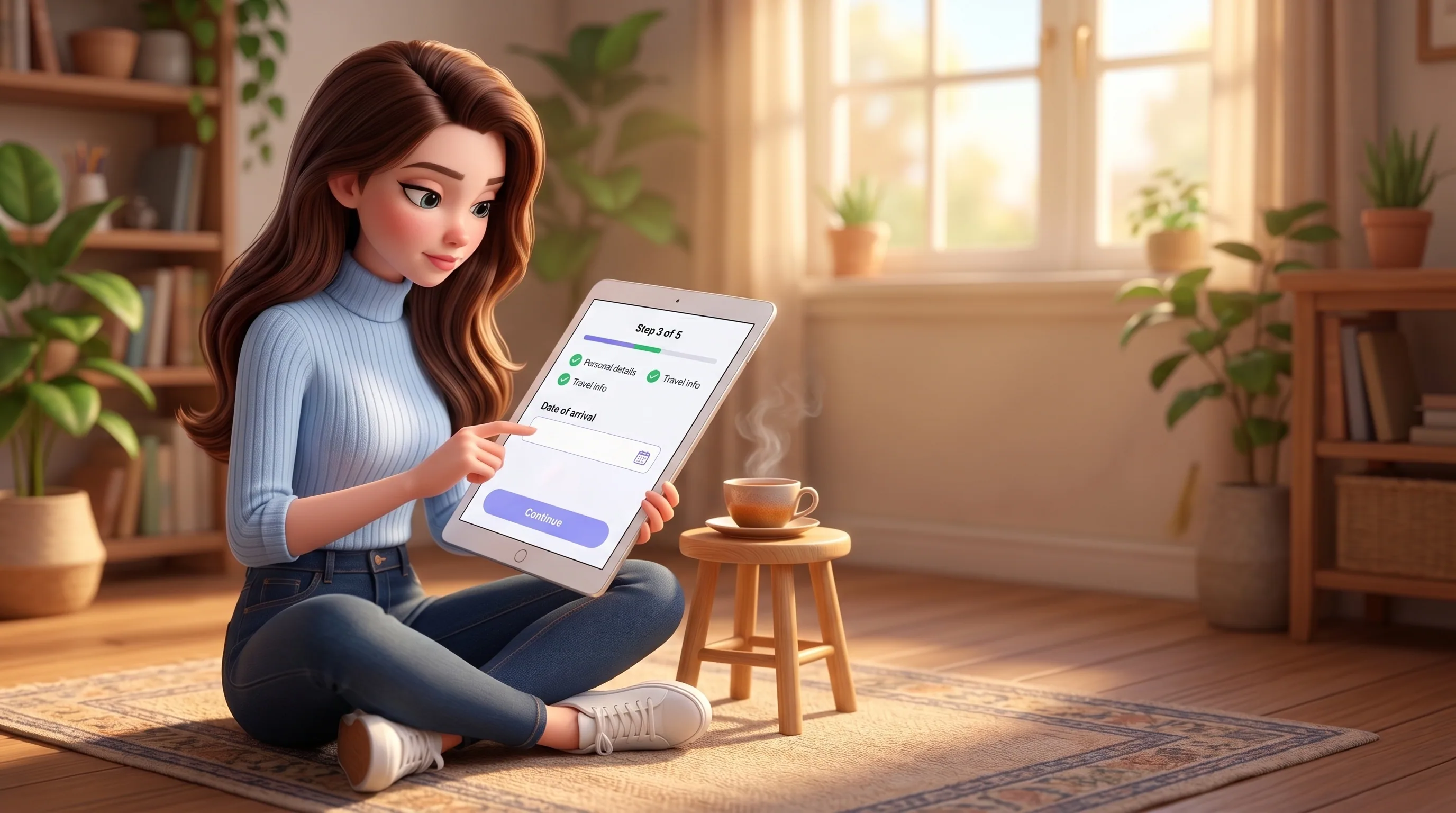 Mari sitting cross-legged on a rug with an iPad in her lap, calmly working through a beautiful multi-step form