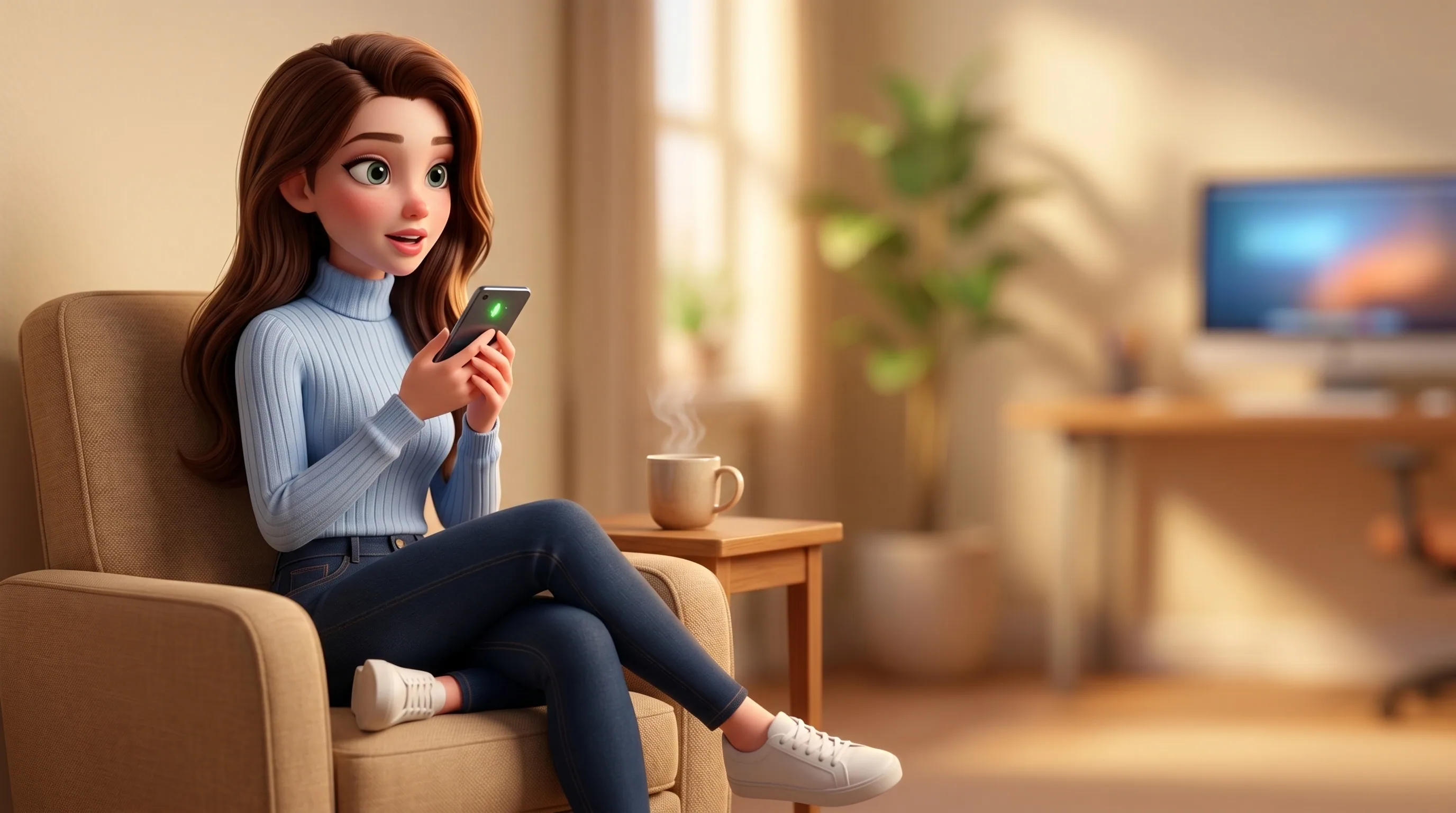 Mari relaxed on a reading chair holding a phone mid-sentence, the browser working autonomously on a desk in the soft-focused background