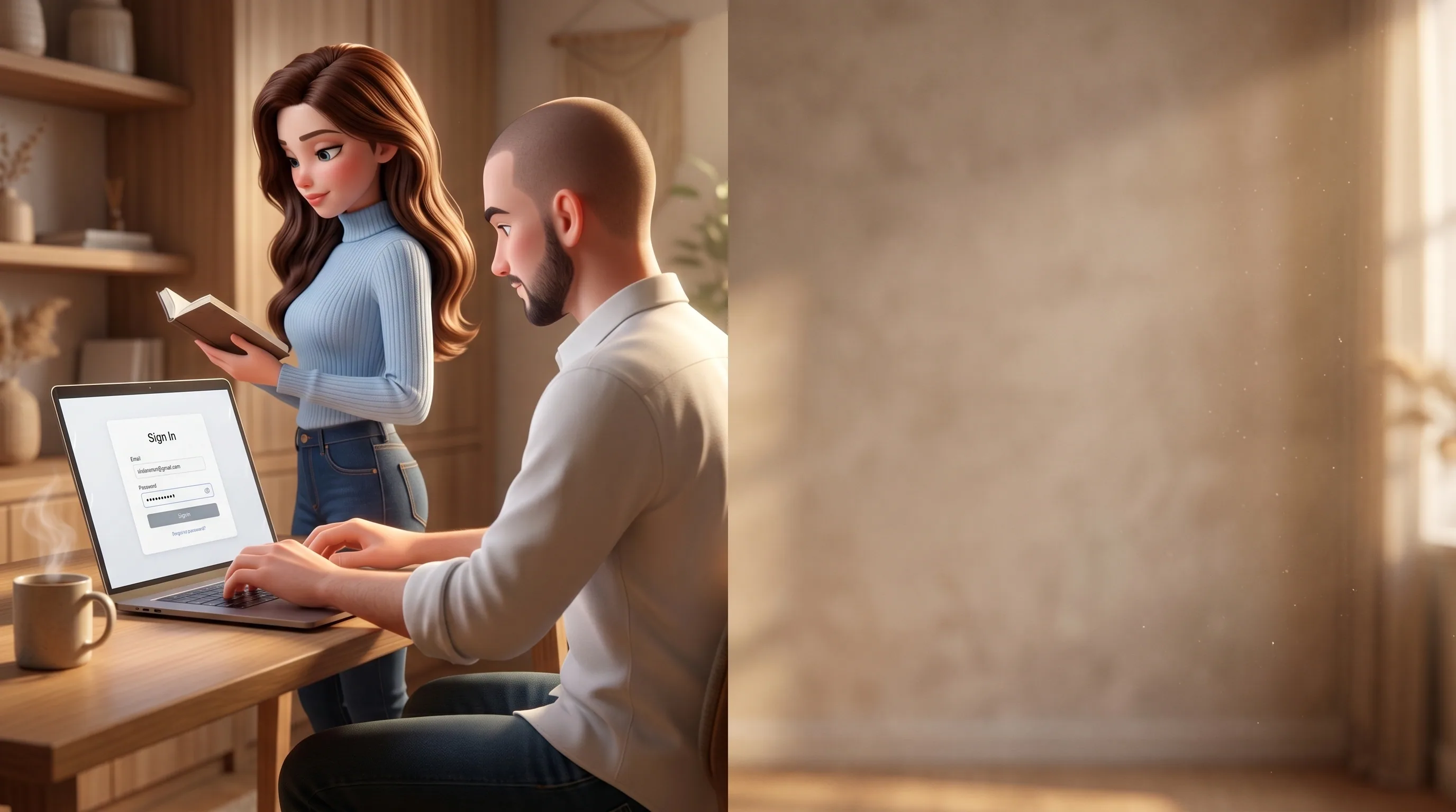 Owner sitting at a laptop typing his password into a live browser-debugger iframe; Mari standing aside, hands clasped, eyes averted