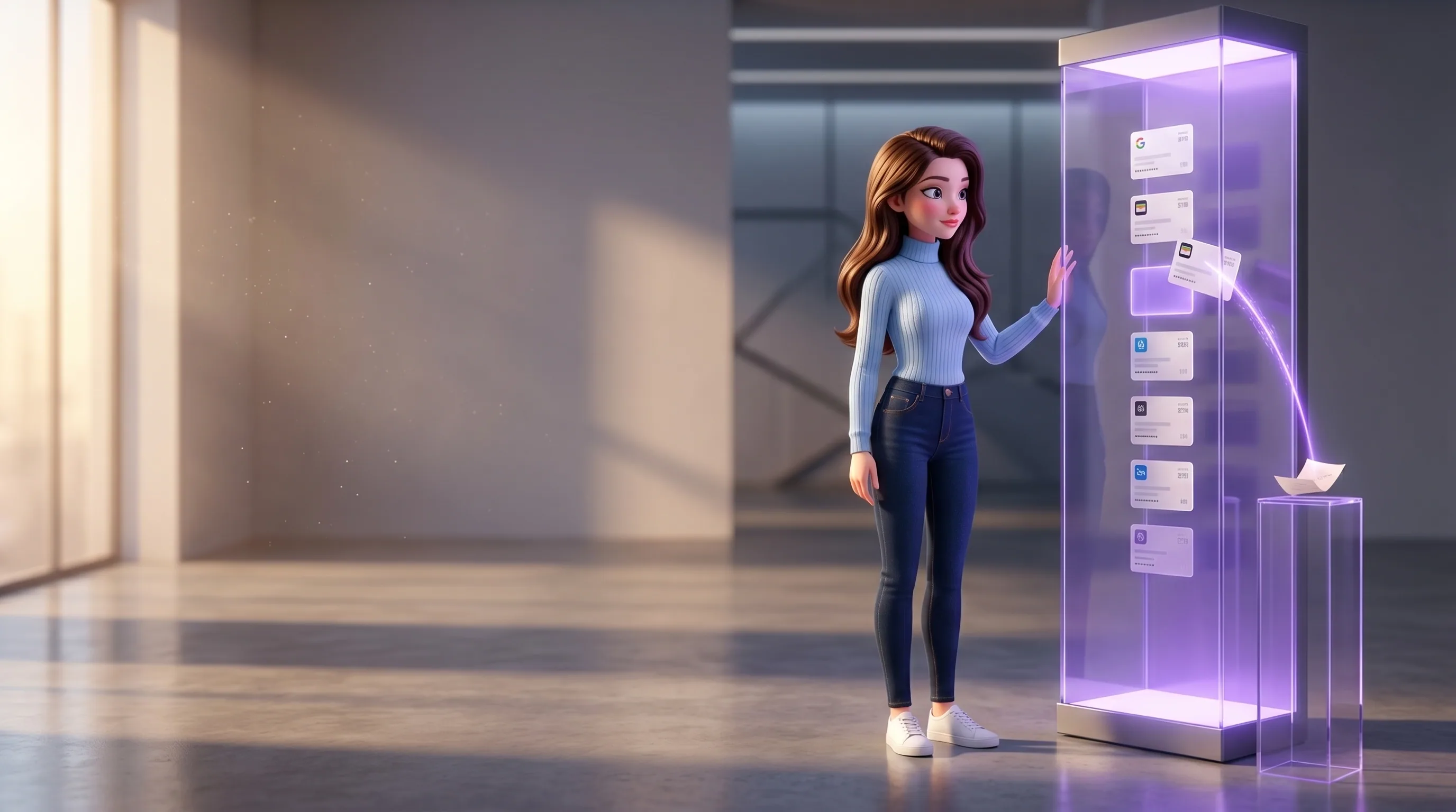 Mari beside a tall glass cabinet of glowing credential cards, one card being lifted by a beam of light that arcs to a pedestal where it dissolves into a form
