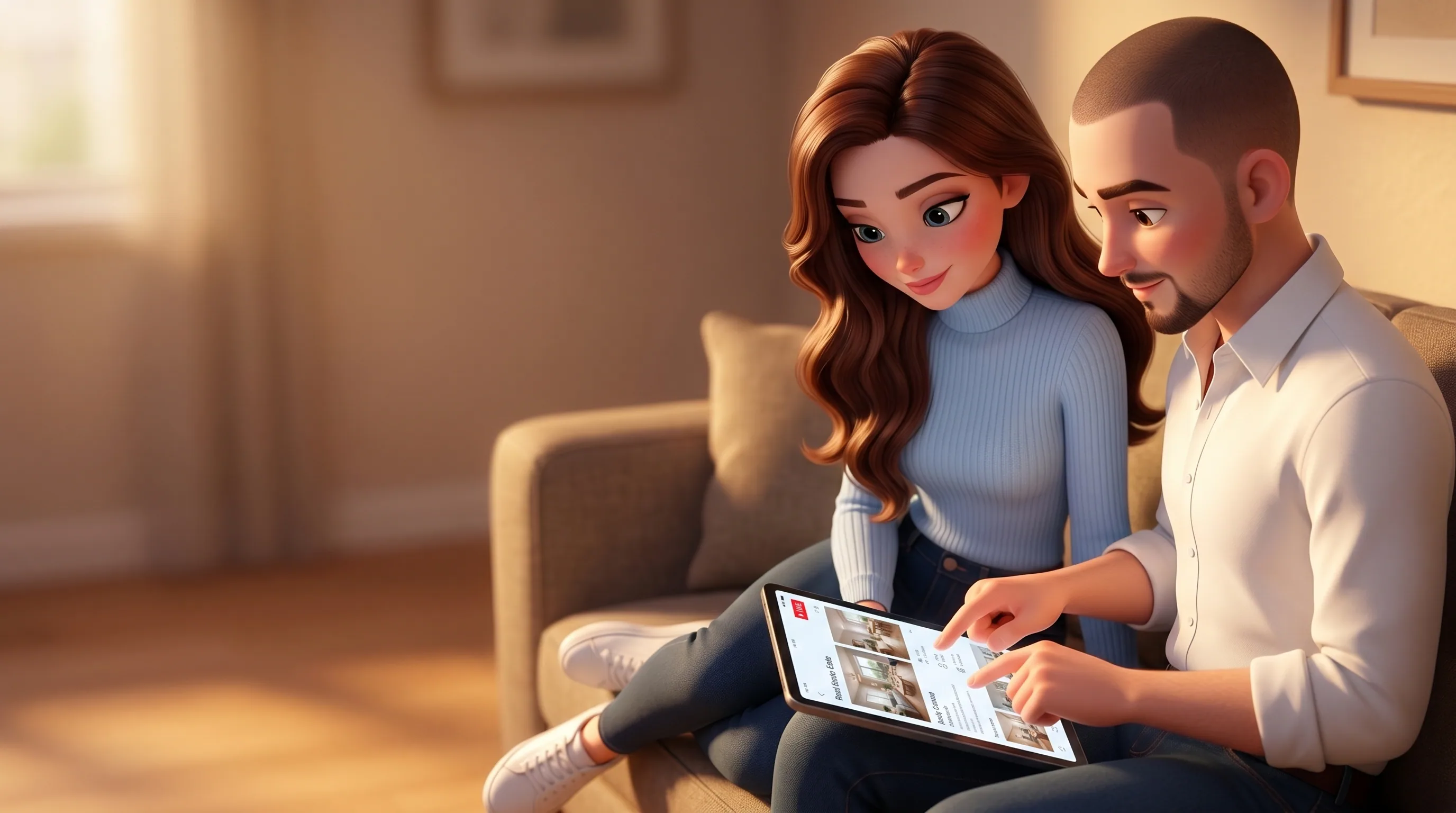 Mari and the owner sitting side by side on a couch, watching her live browser session unfold on a tablet held between them