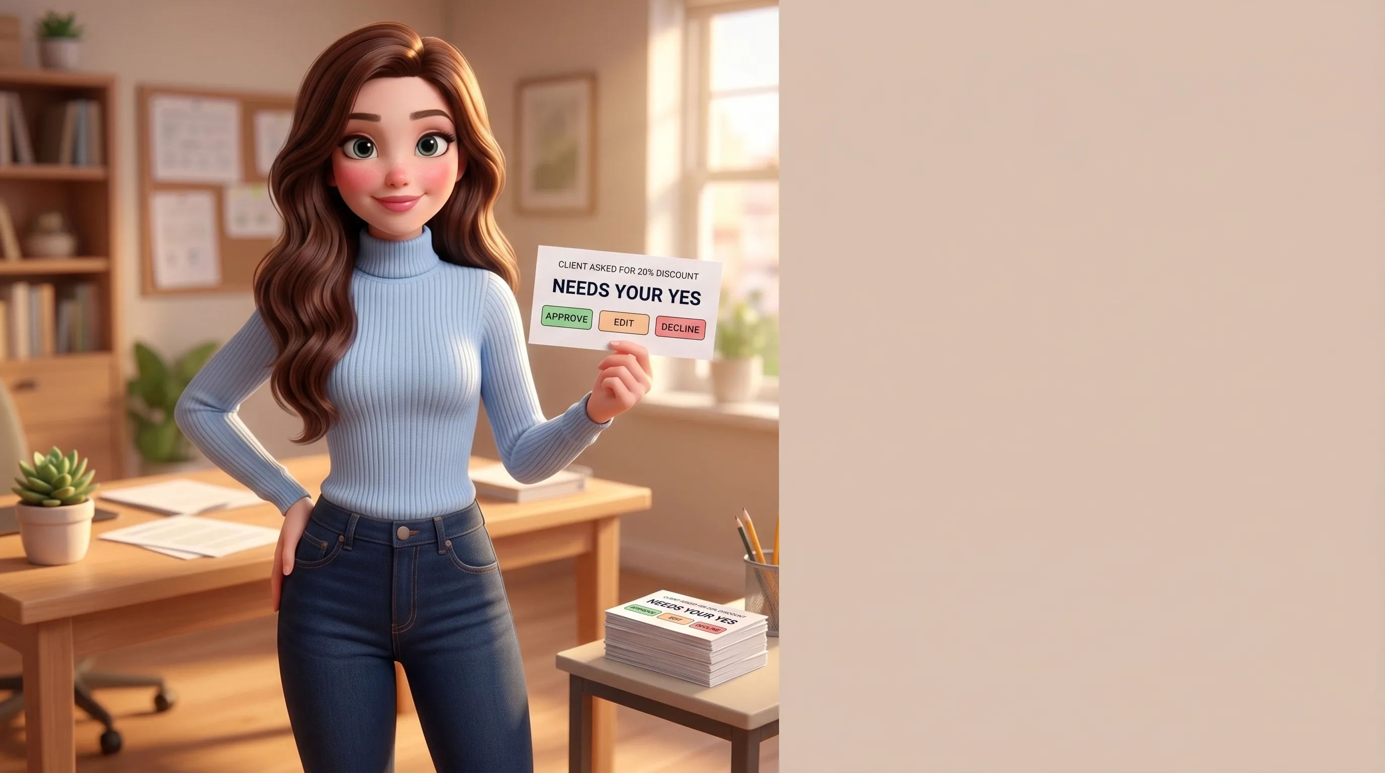 Mari calmly holding out an approval card with three labelled options
