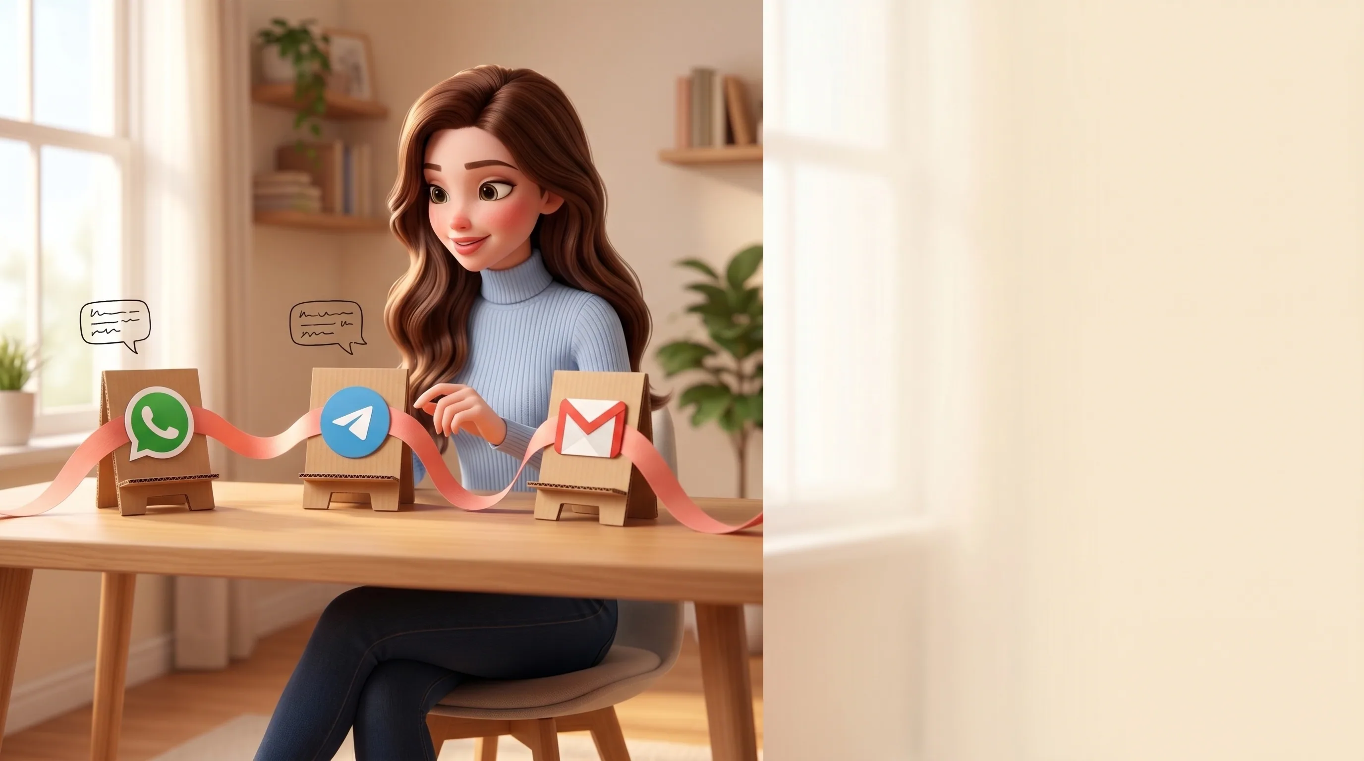 One continuous coral thread flowing through WhatsApp, Telegram and Gmail icon stands on Mari's desk