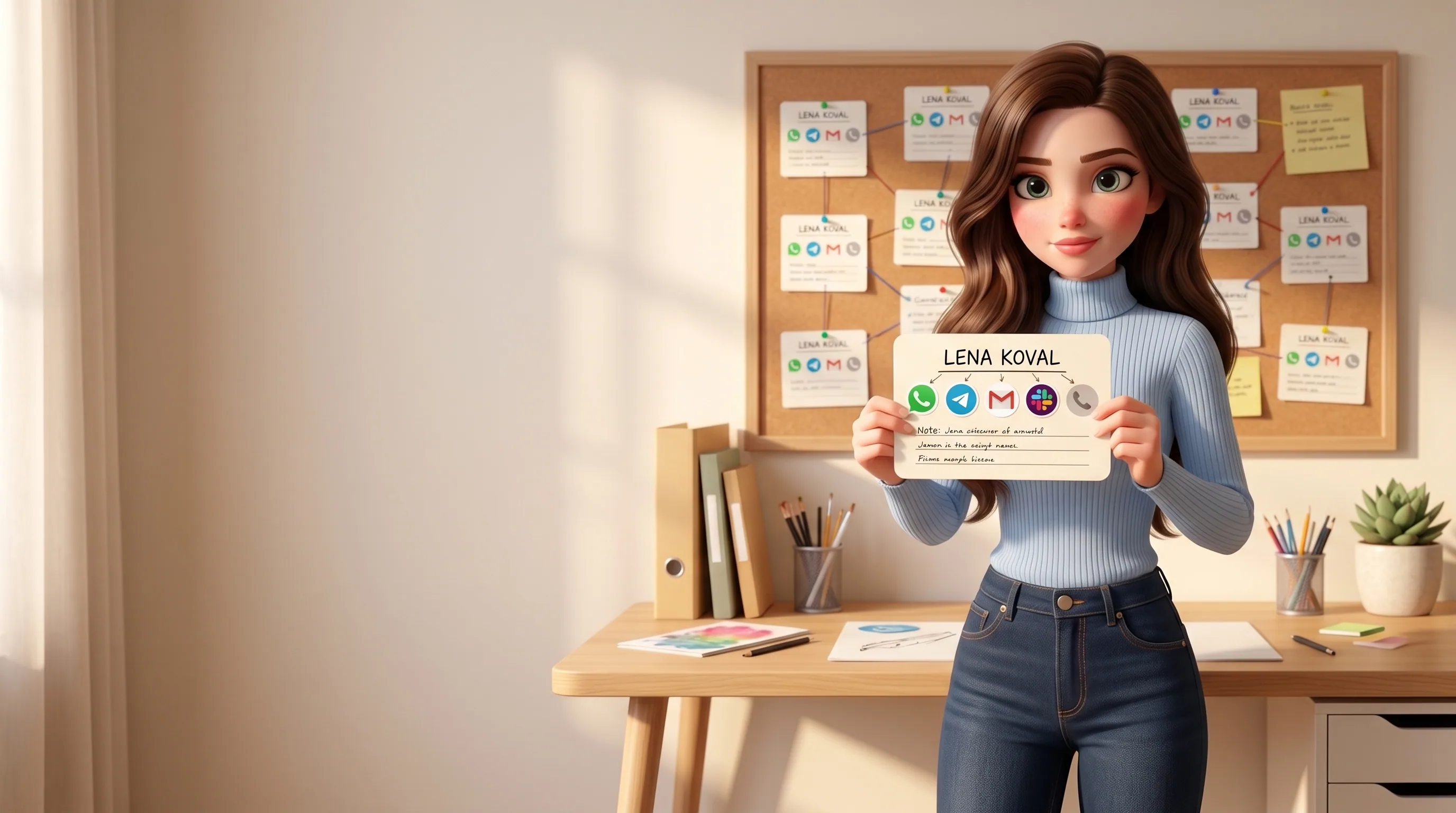Mari holding a single contact card with five channel badges connecting to one name