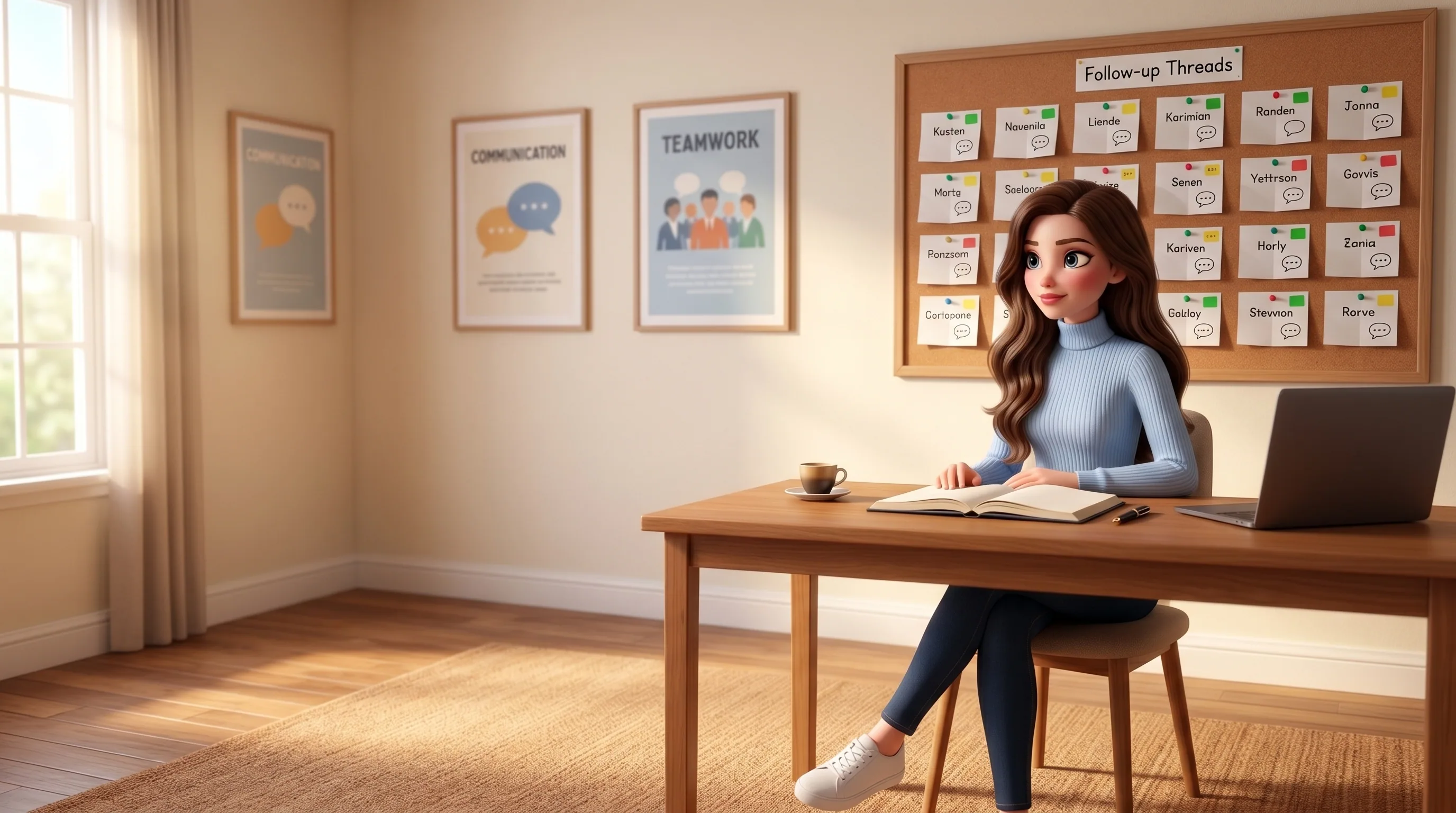 Mari at a calm desk holding the back-and-forth across days