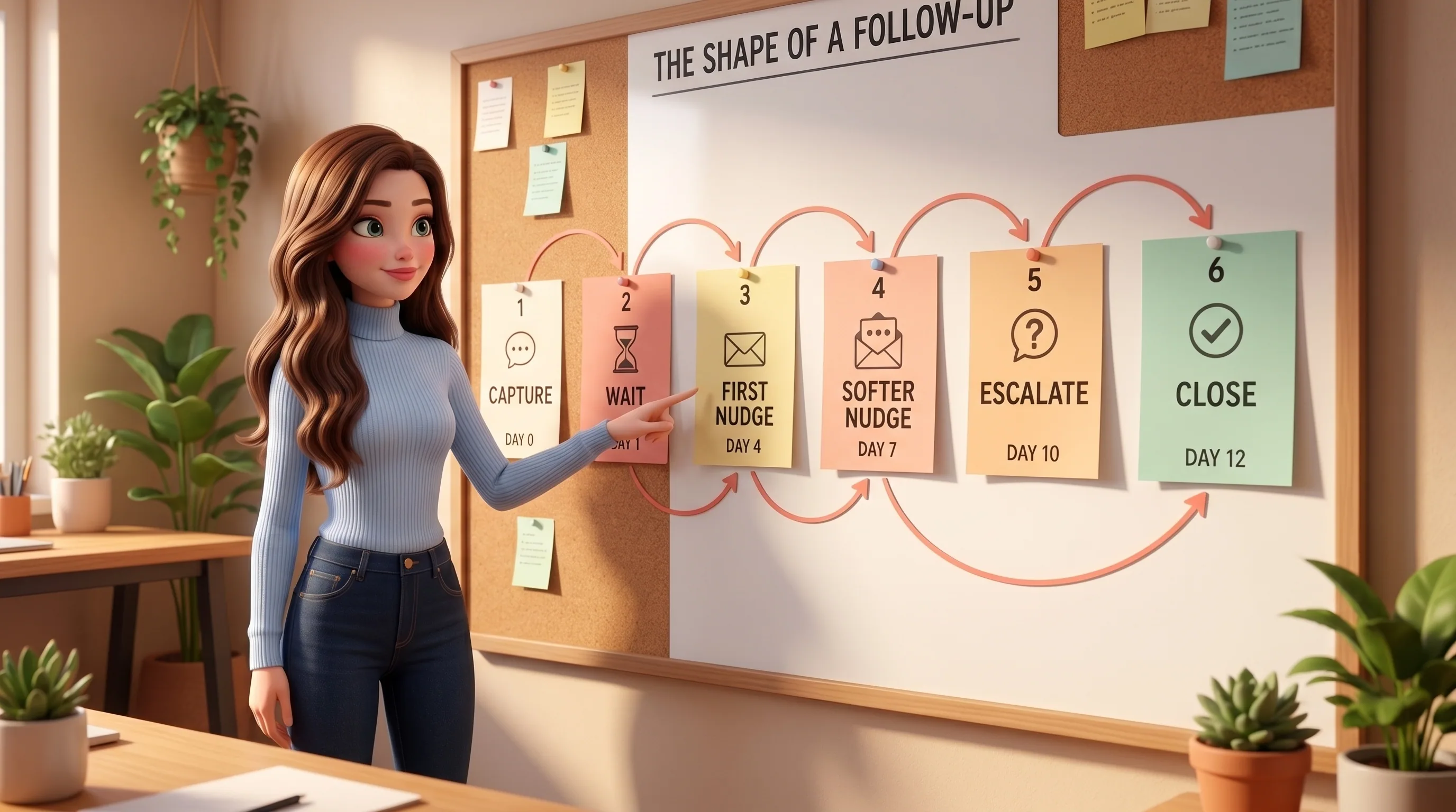 Mari in front of a follow-up flow board with six numbered steps from Capture through Close