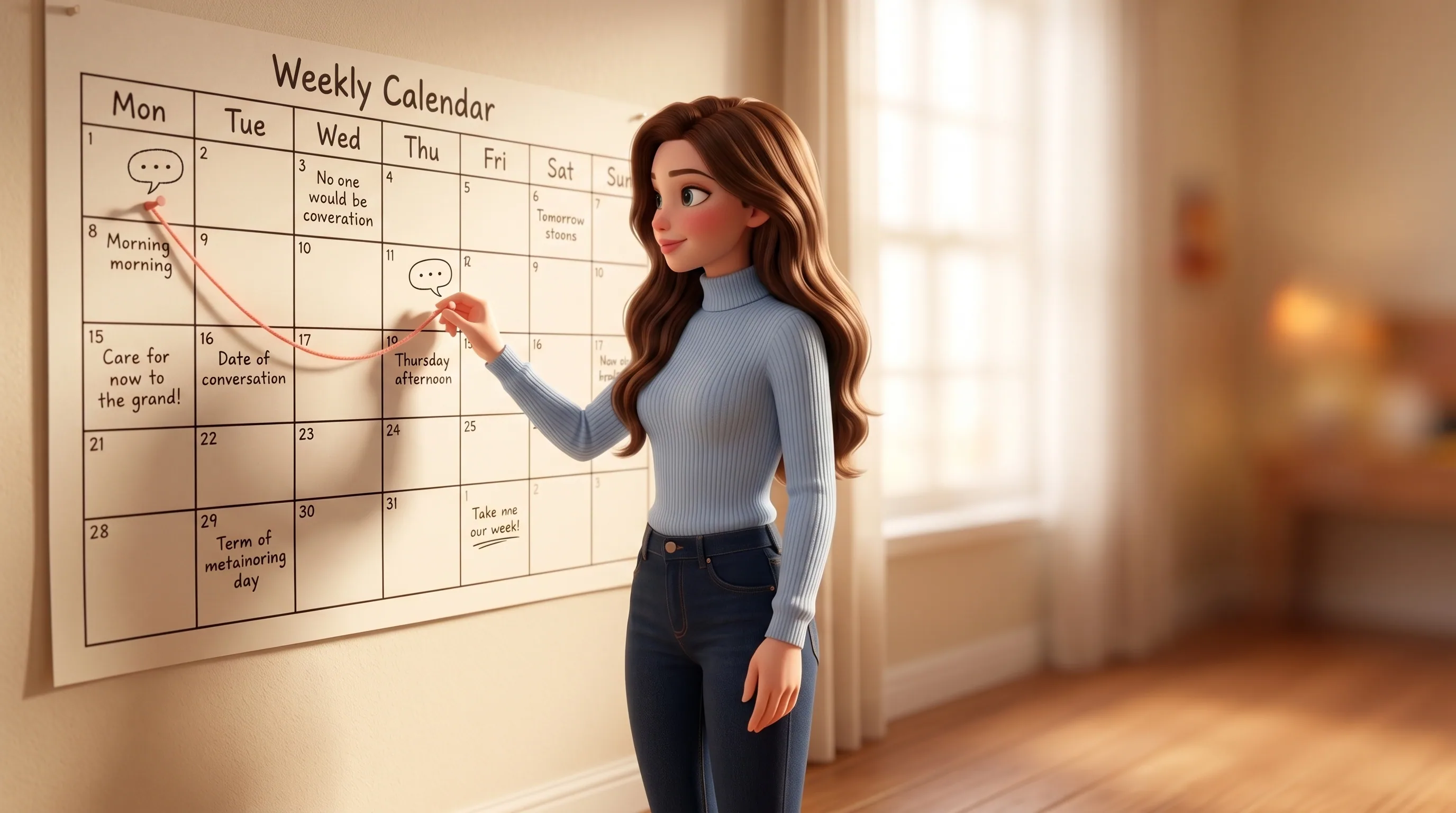 Mari stretching a coral thread between two distant days on a weekly calendar wall