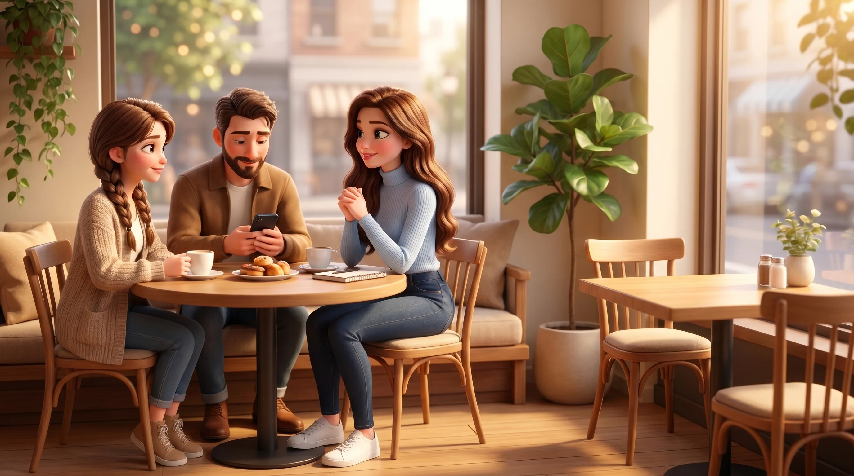 Mari in a cafe, keeping a conversation going with two contacts