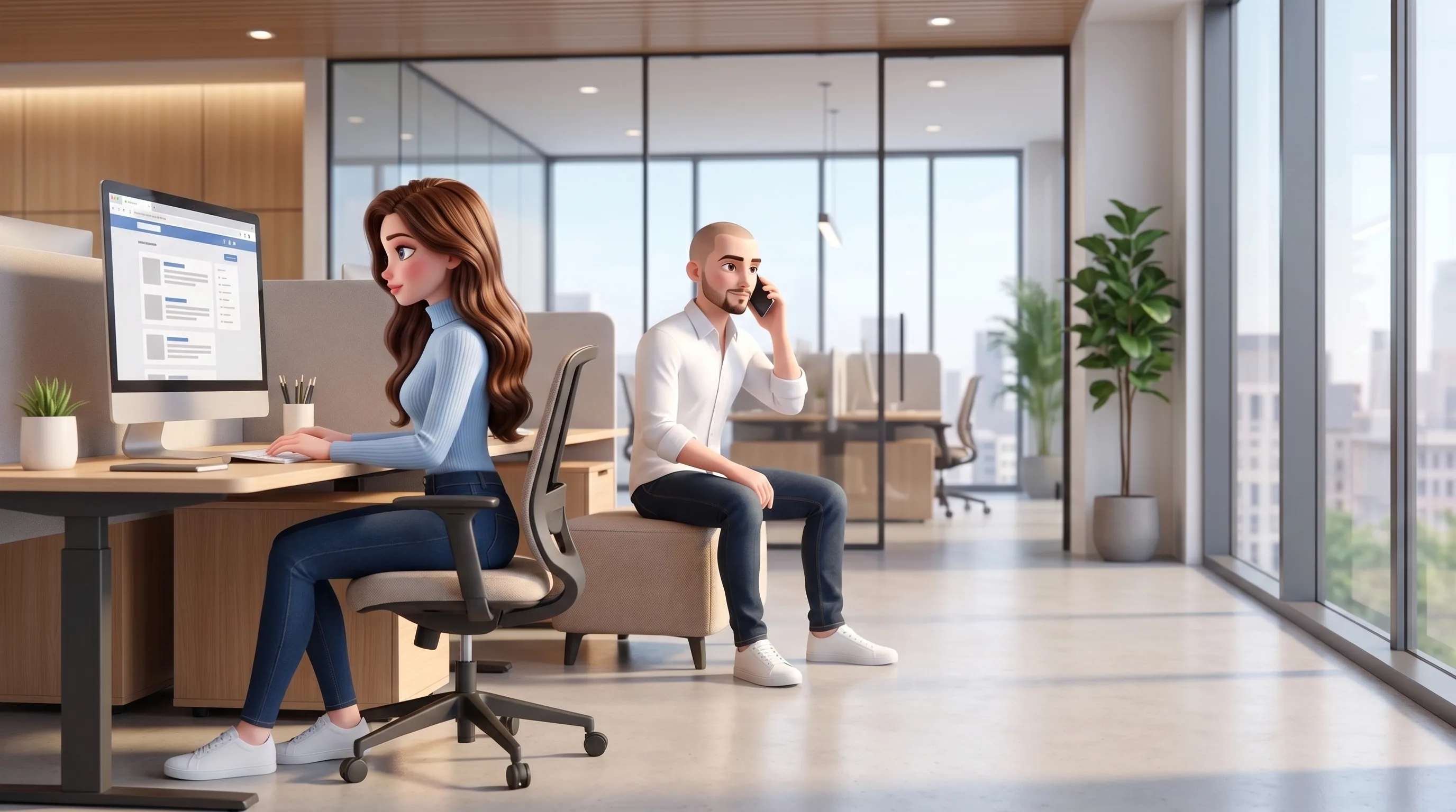 Mari at a monitor researching online while the founder takes a call