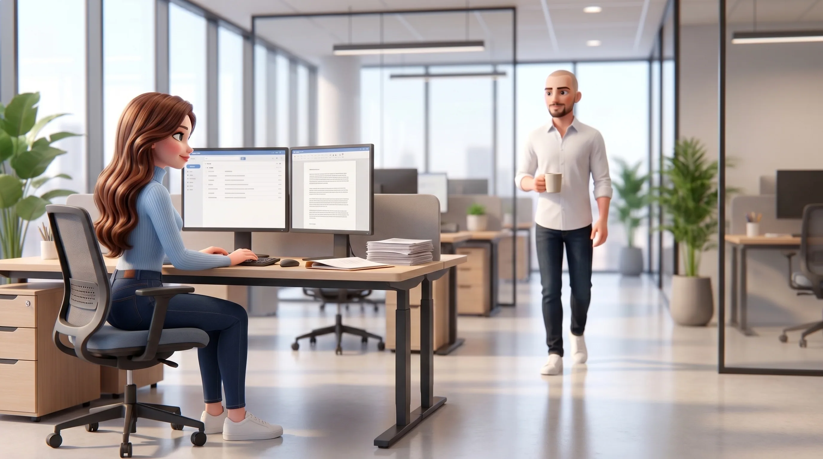 Mari at a multi-monitor command desk handling inbox, contracts and knowledge