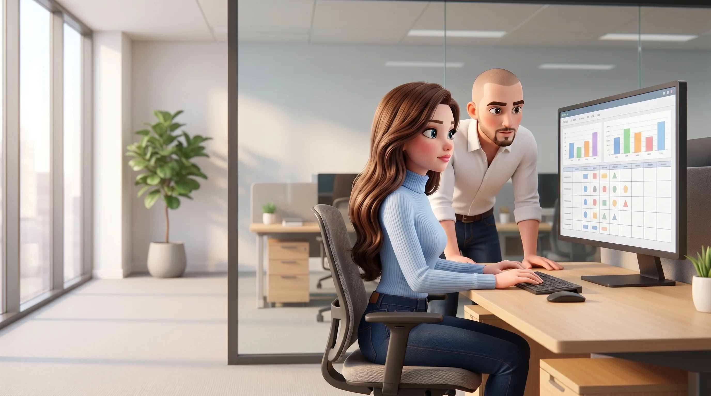 Mari working in a spreadsheet on the monitor, the founder beside her