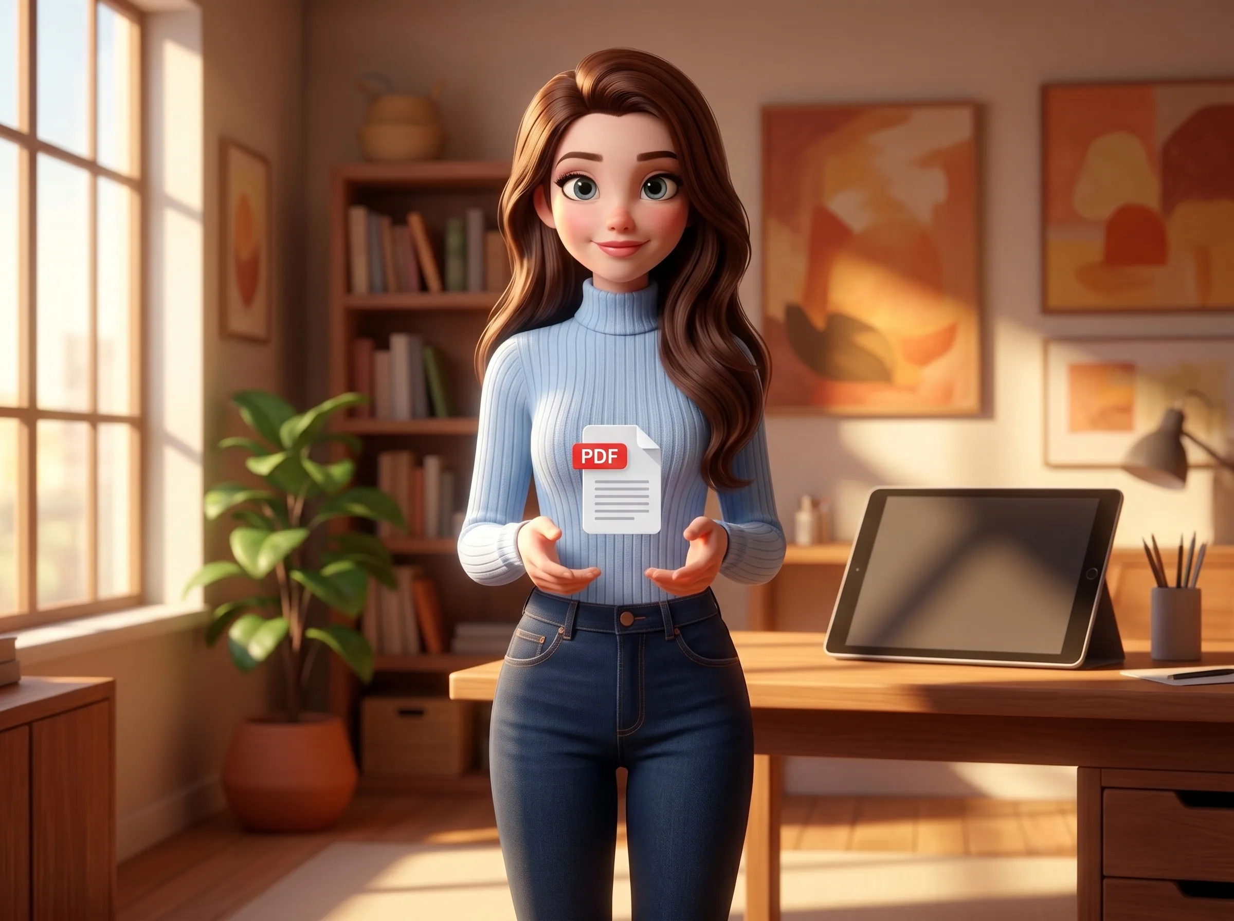 Mari handing a document forward toward the viewer, calm welcoming half-smile