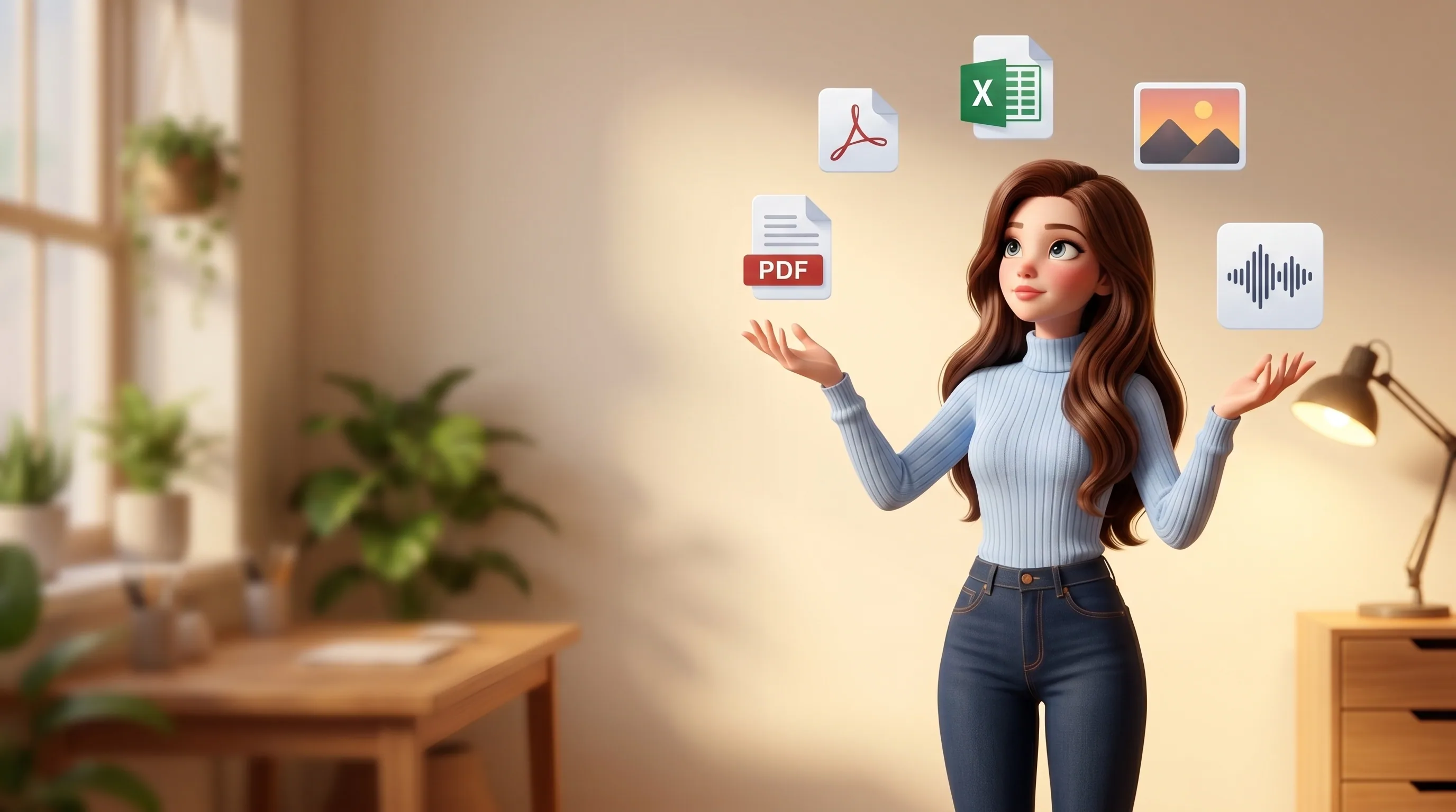 Mari catching files of every kind floating toward her open palms