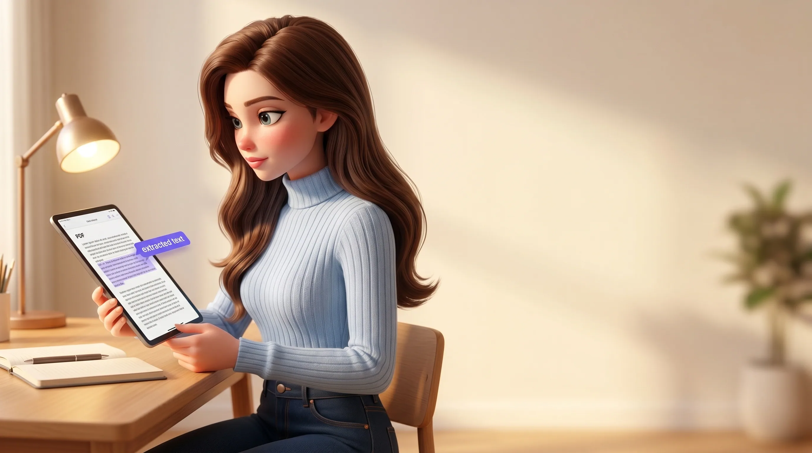 Mari reading a PDF on her tablet, the extracted text indicator visible beside it