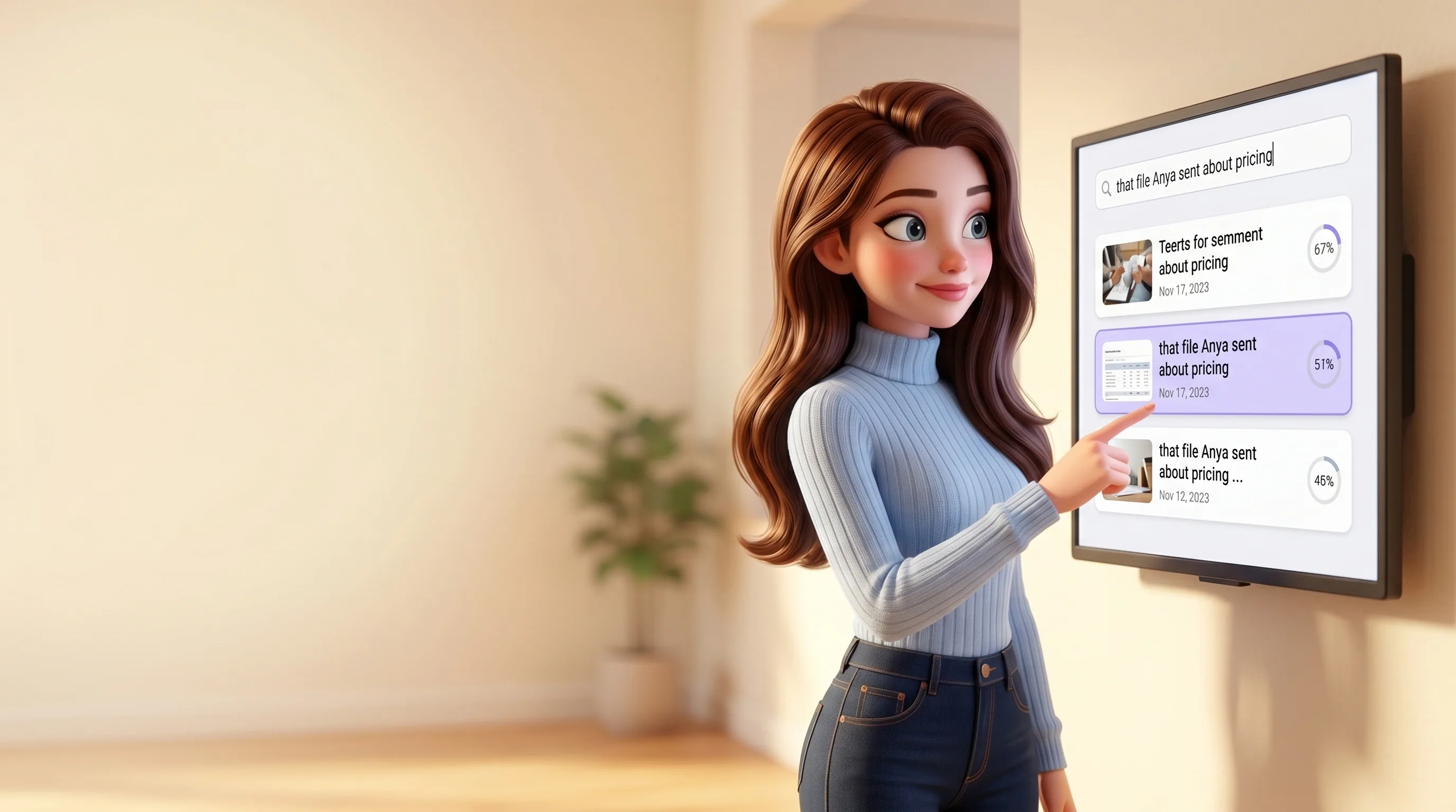 Mari at a monitor showing semantic search results: 3 file thumbnails ranked by relevance