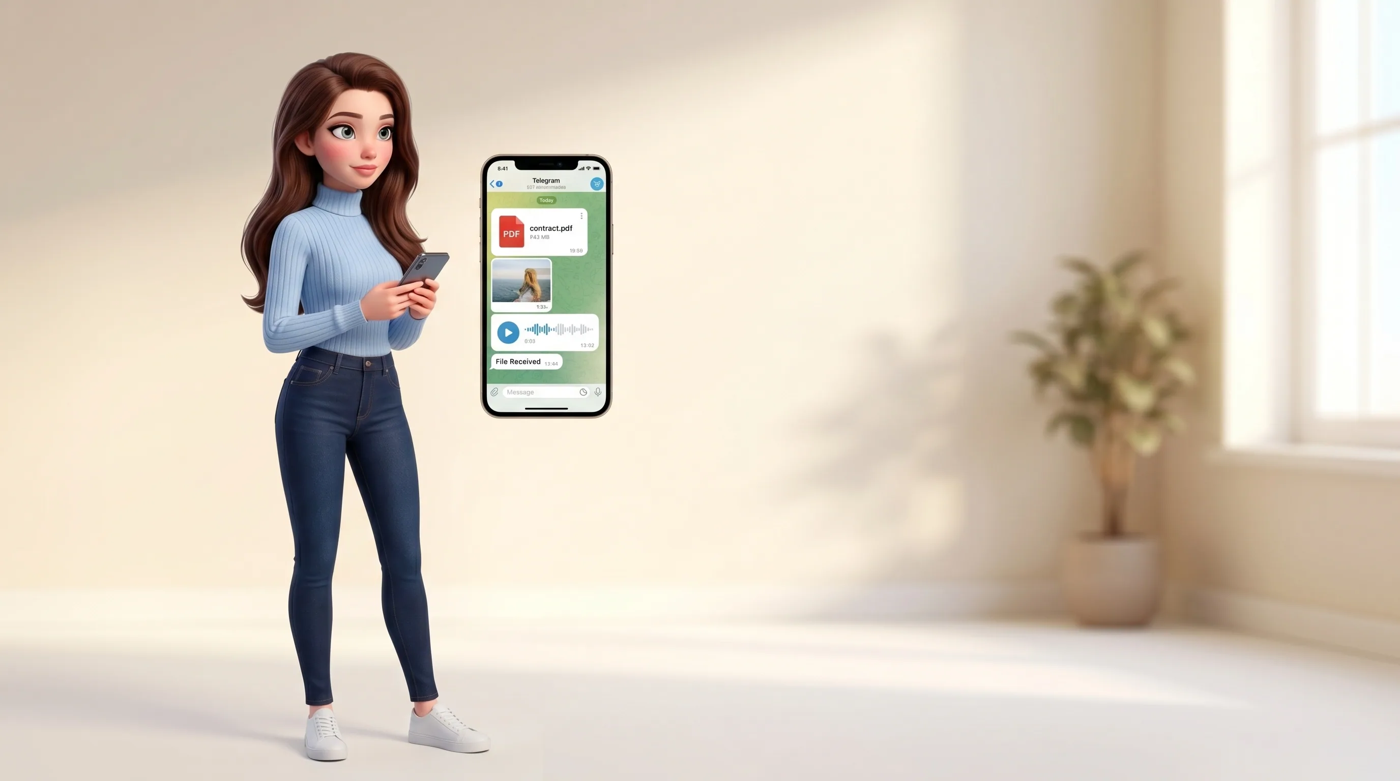 Mari holding a phone showing a Telegram chat with a PDF, photo and voice note attached