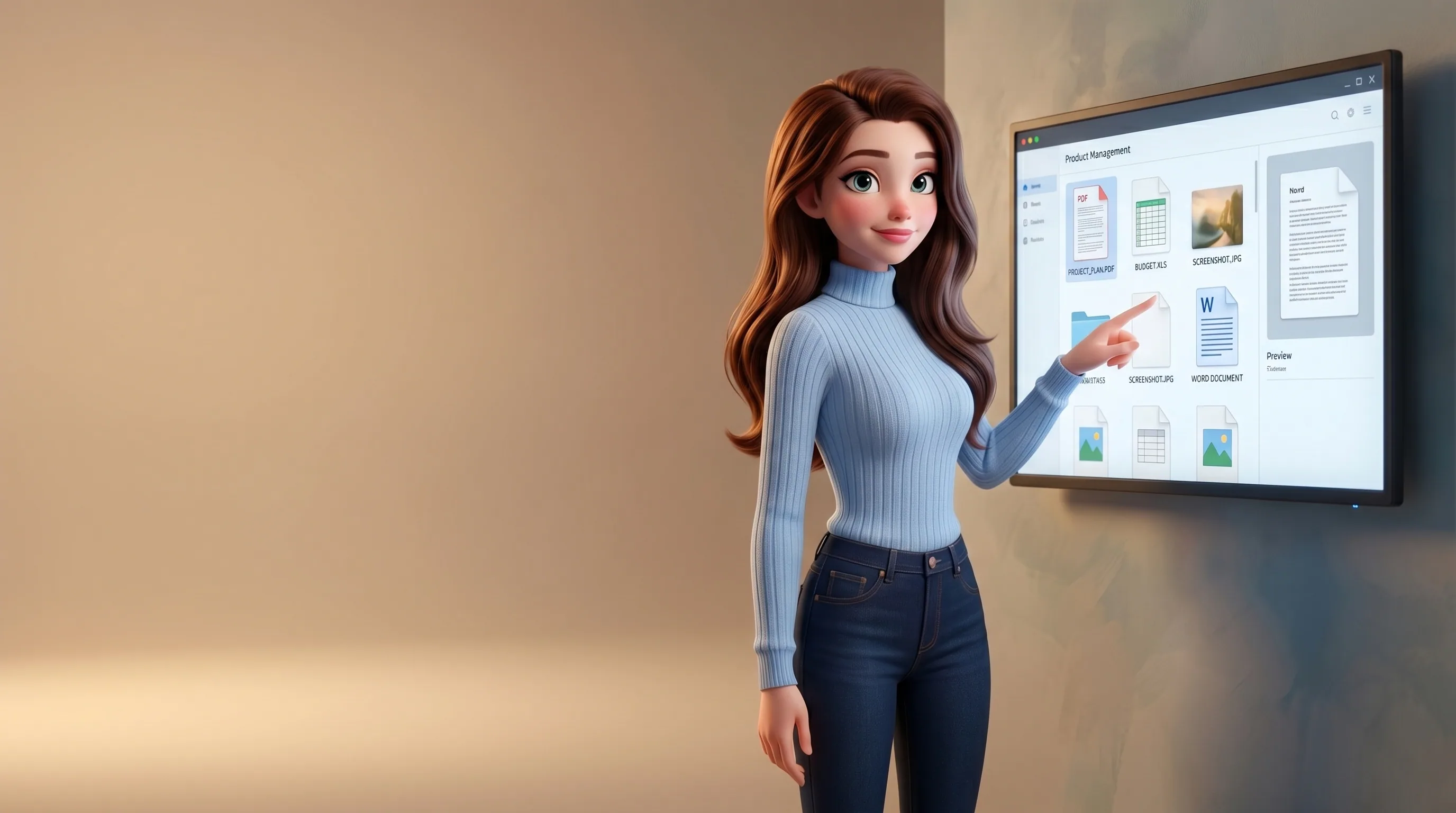 Mari pointing at a file cabinet UI on a monitor: grid of thumbnails with one previewed inline