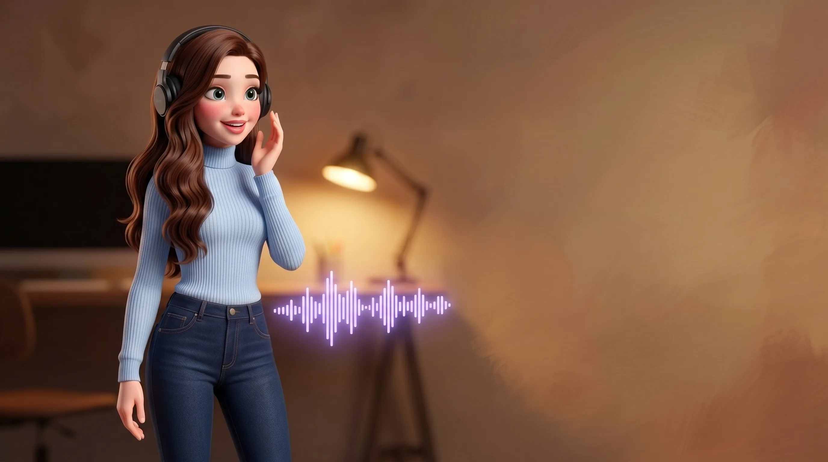 Mari wearing headphones, mid-conversation, a soft waveform indicator beside her