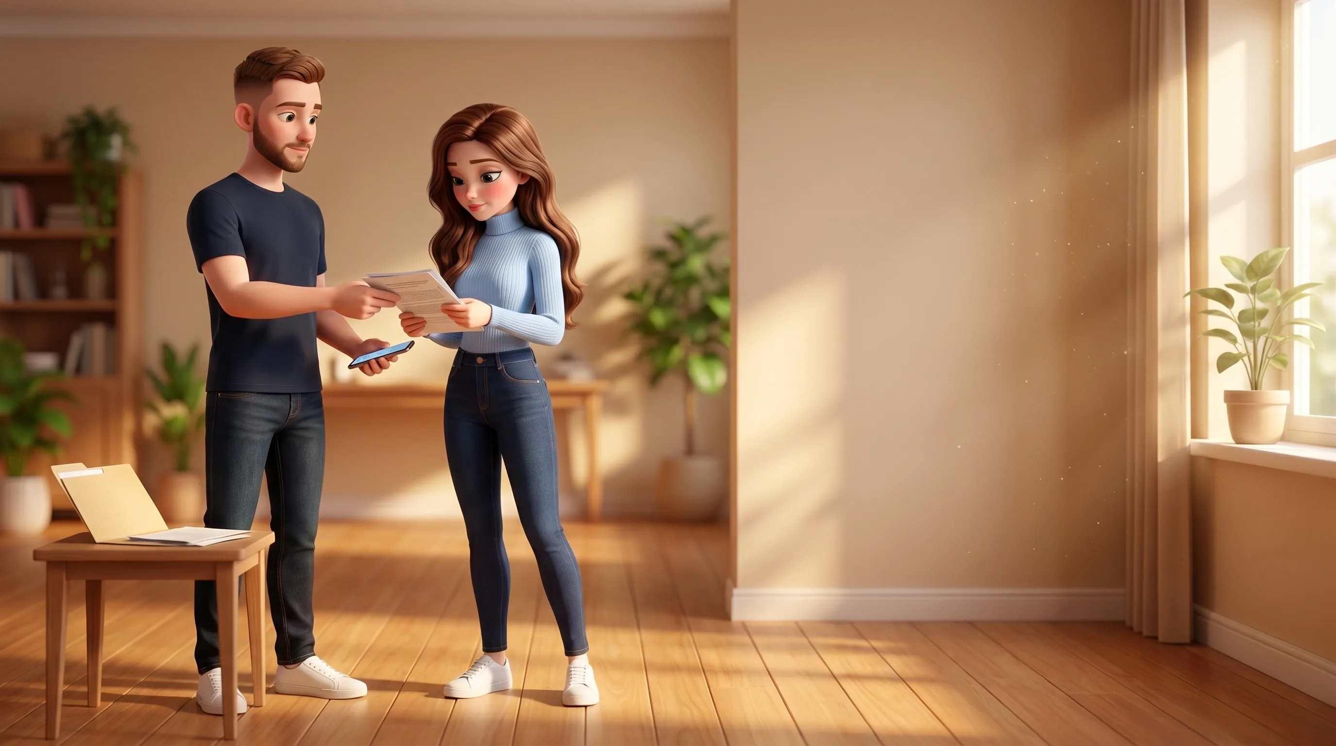 Vadim handing Mari documents and a voice note to take in