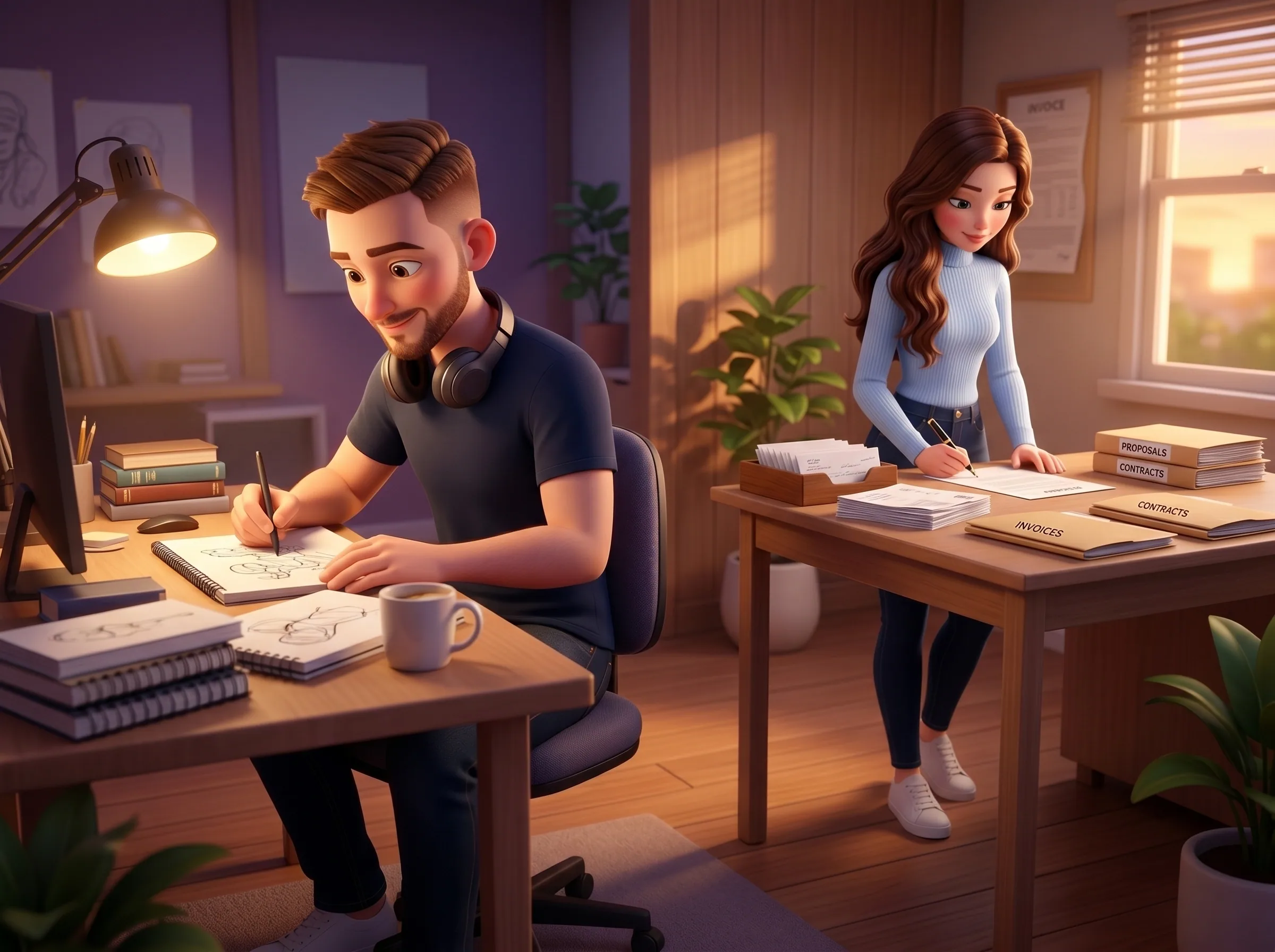 A freelancer in flow at his sketchbook while Mari signs the contracts and files the invoices
