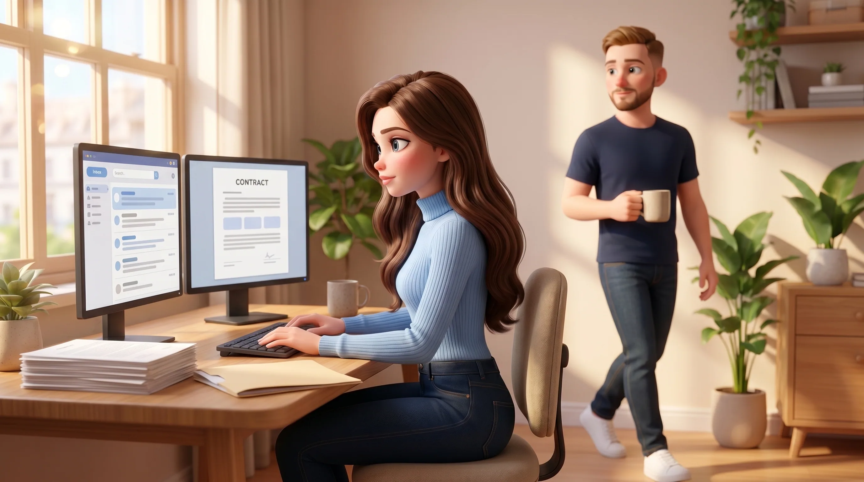 Mari at a multi-monitor command desk handling inbox, contracts and knowledge