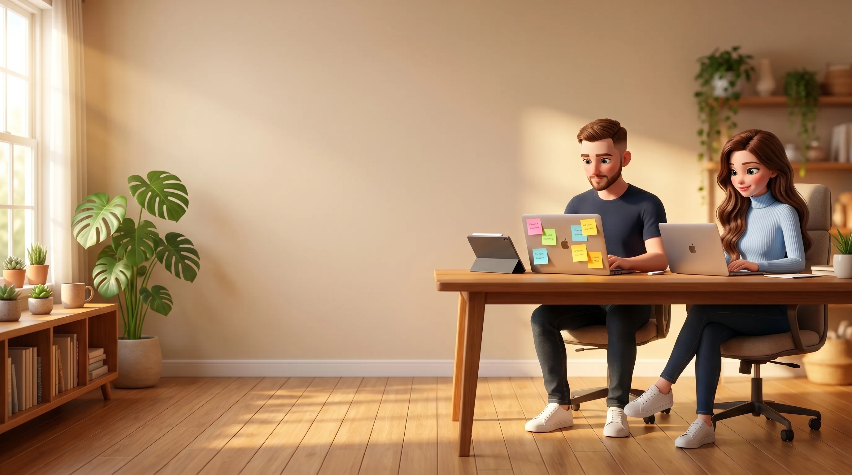 A freelancer in his cozy home studio, with Mari quietly running the business