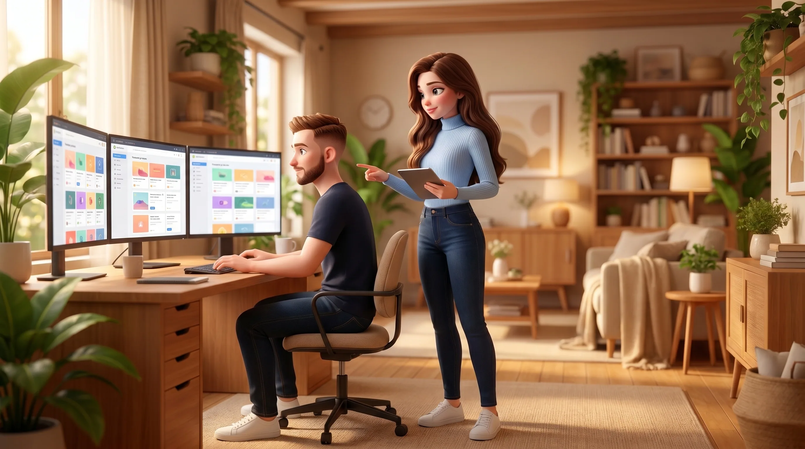 Vadim and Mari before a freelance pipeline board, planning together