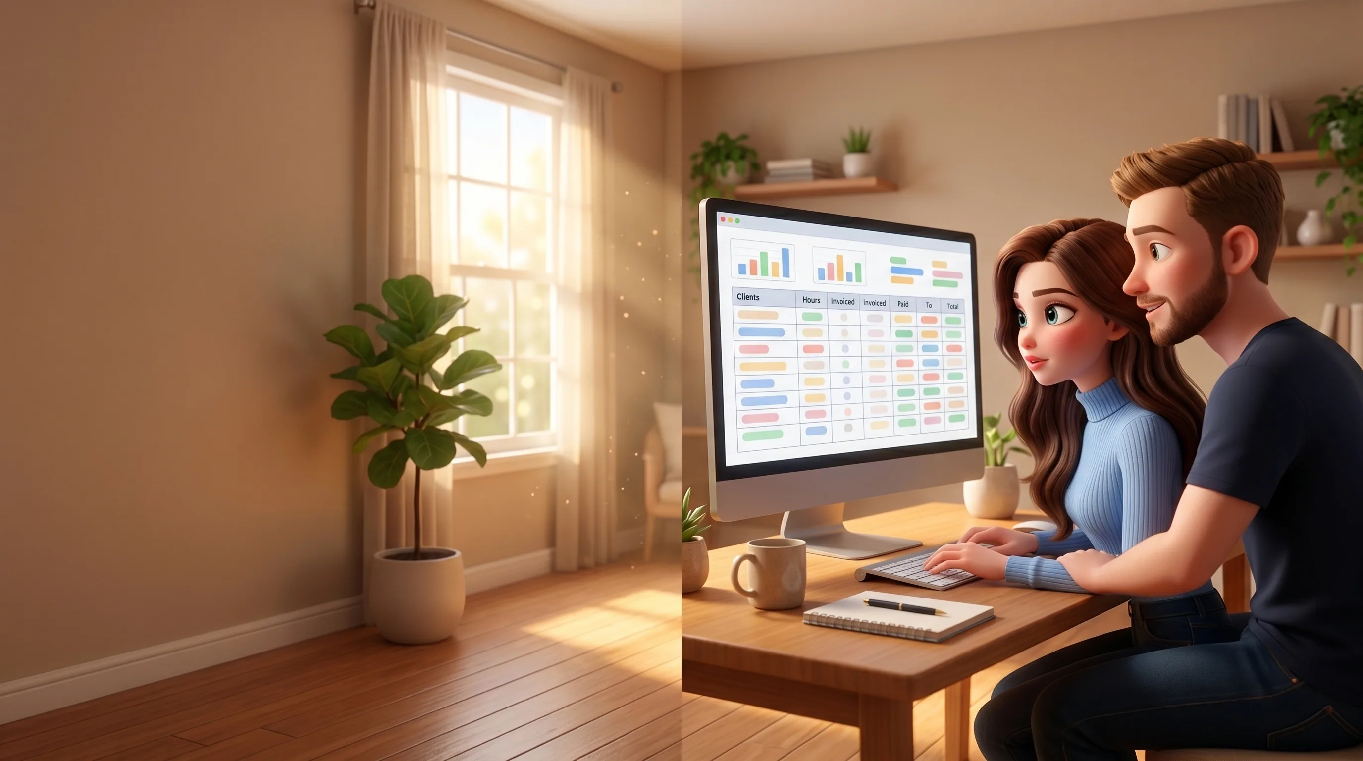 Mari and Vadim looking at a pipeline-and-invoices spreadsheet