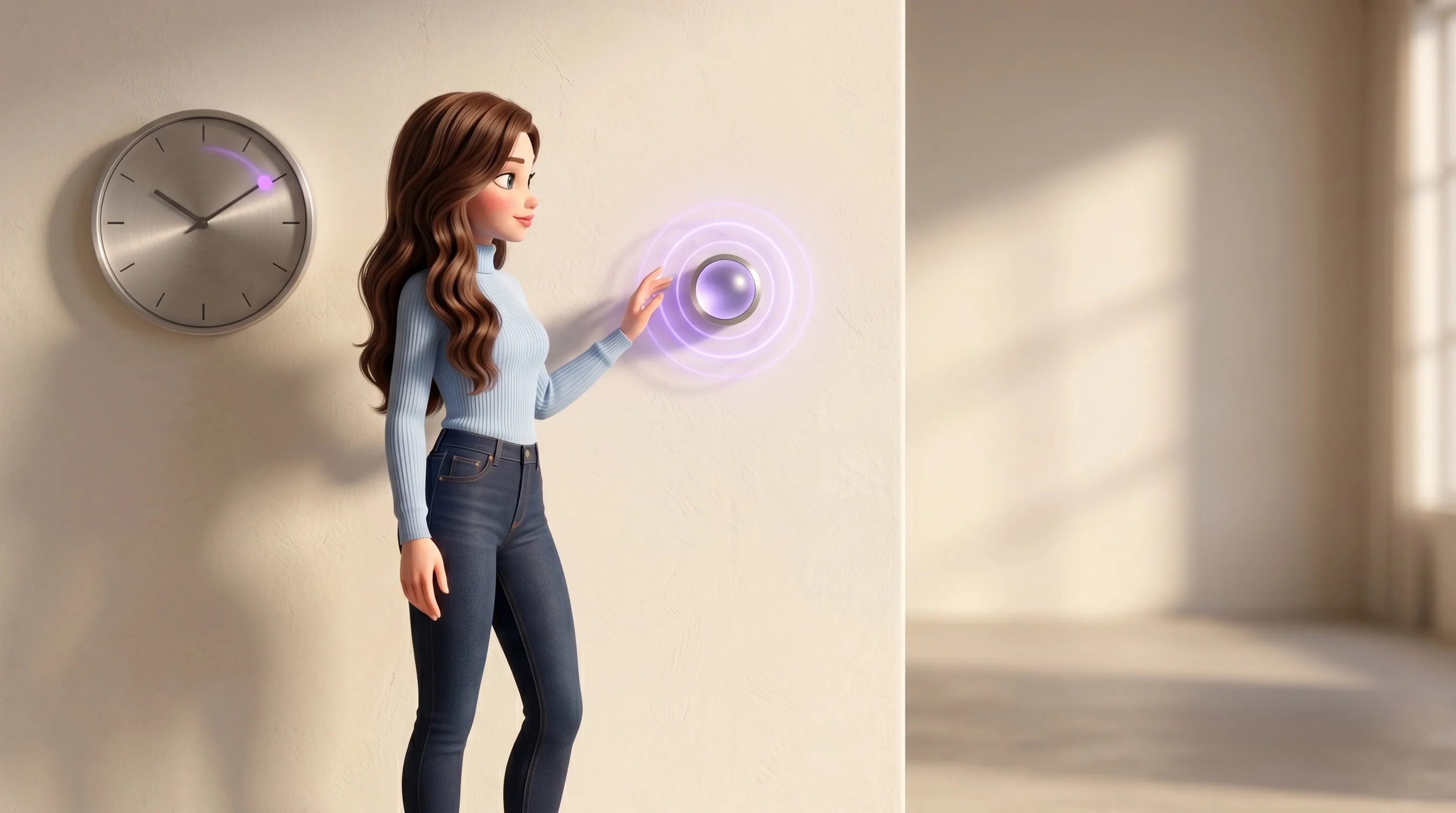 Mari between two wall installations: a sleek modern clock with a violet tick and a glowing listener orb with pulsing rings