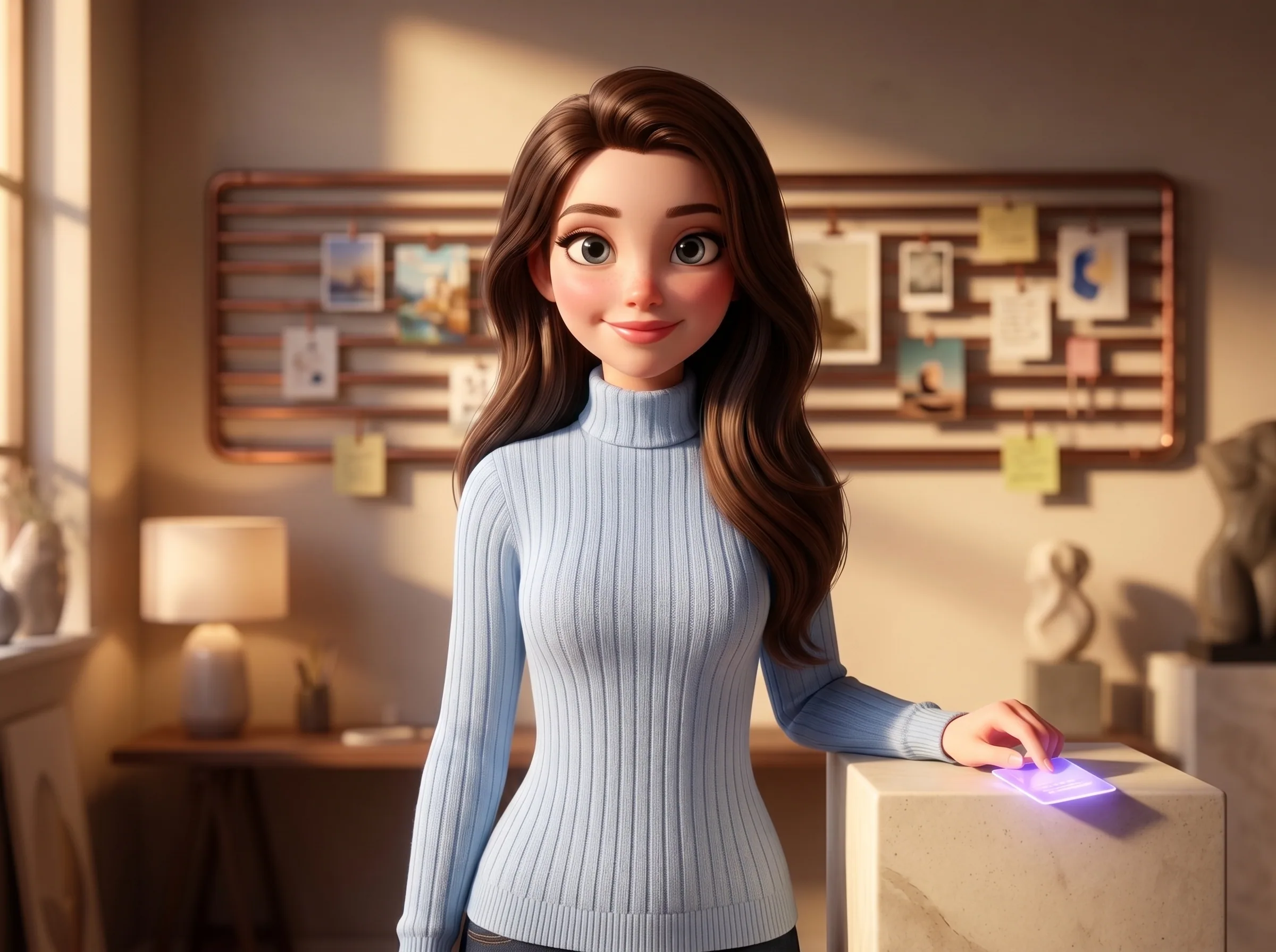 Mari standing in her atelier with a mission pass card on a plinth beside her, the long mission rail softly out of focus behind