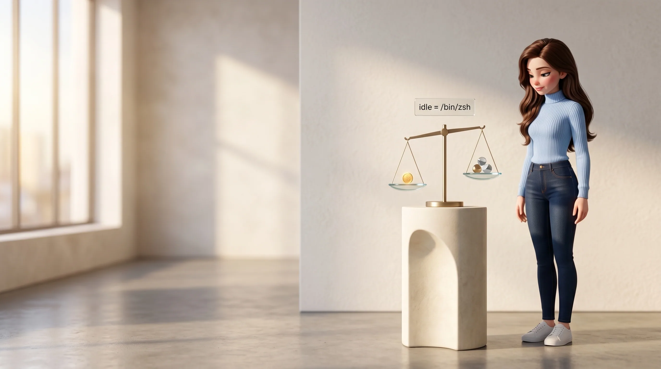 Mari beside a sleek balanced scale with a single coin on one side and three event tokens on the other, tipped toward events