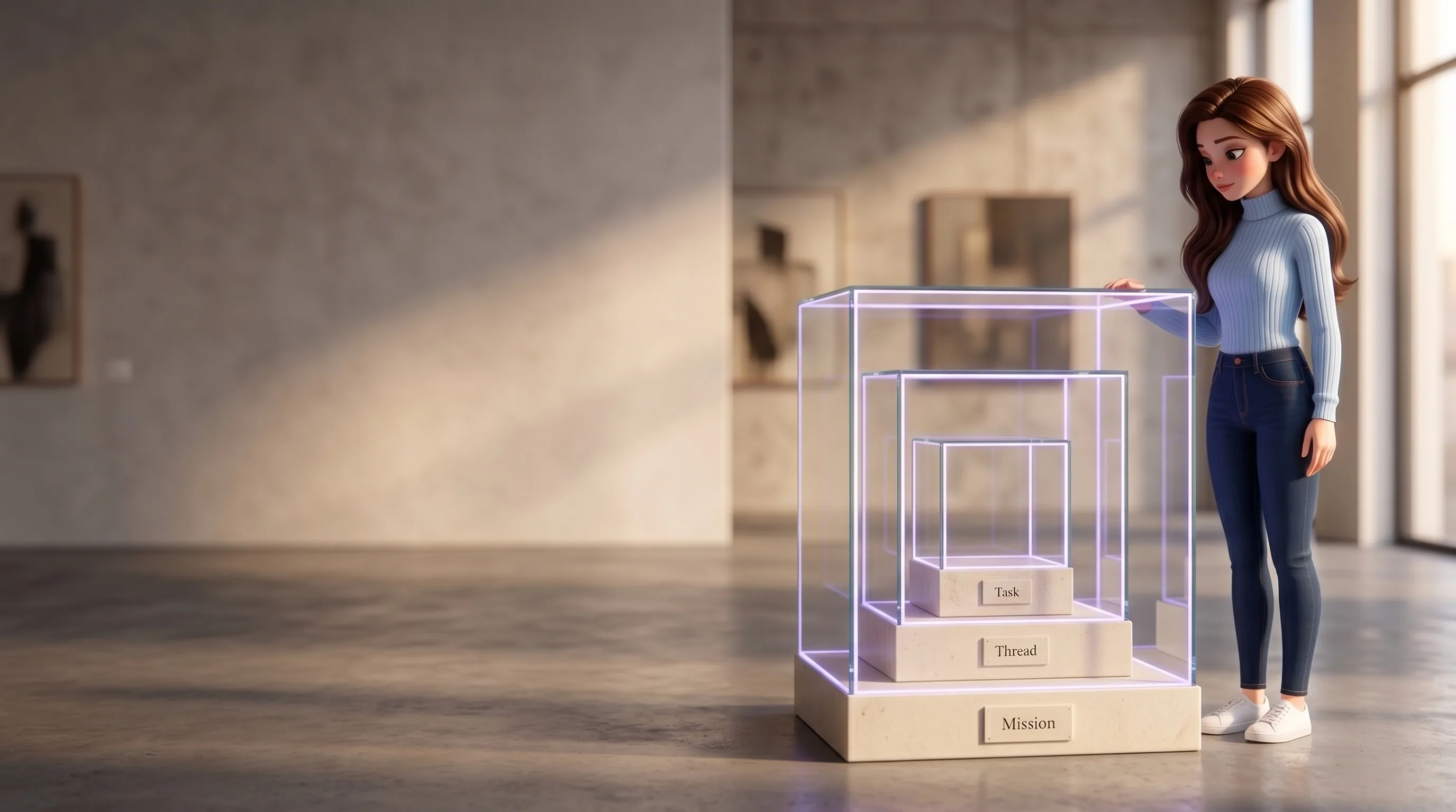 Mari beside a tall sculpture of three nested transparent boxes labelled Mission, Thread, Task from outside in
