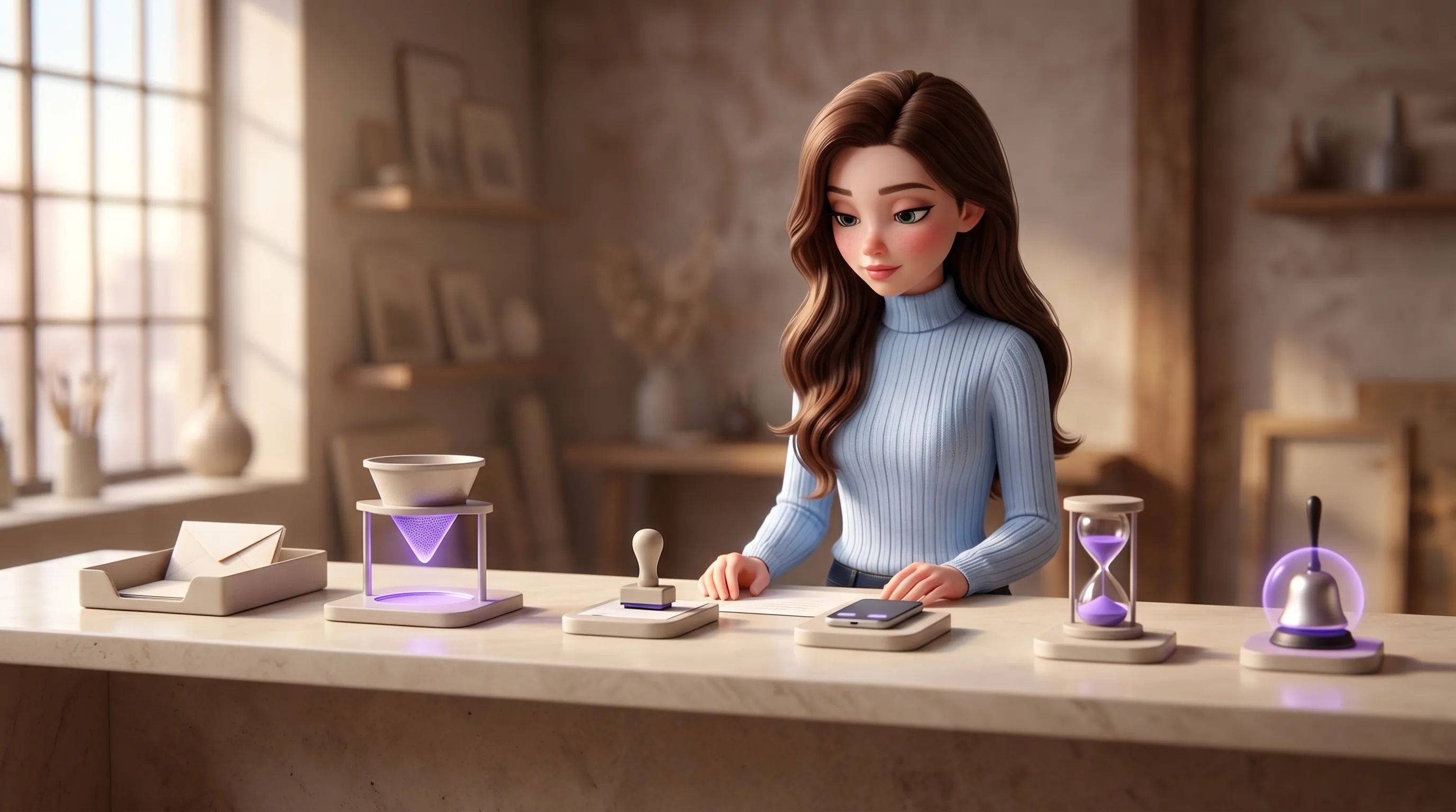 Mari at her atelier counter with six small stations representing the six phases of a mission day