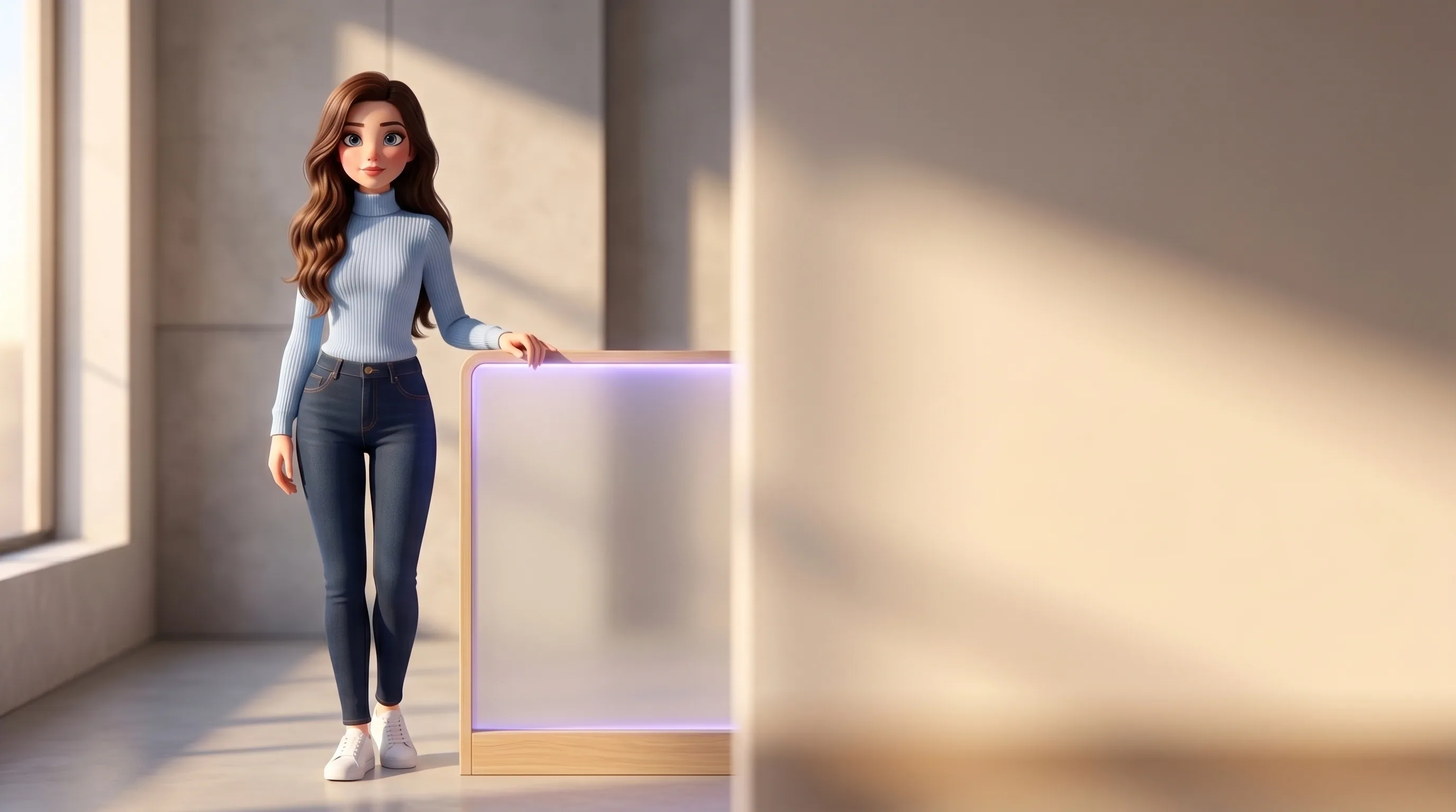 Mari standing inside a sleek modern low partition with a soft violet glow, calm hand resting on its top edge