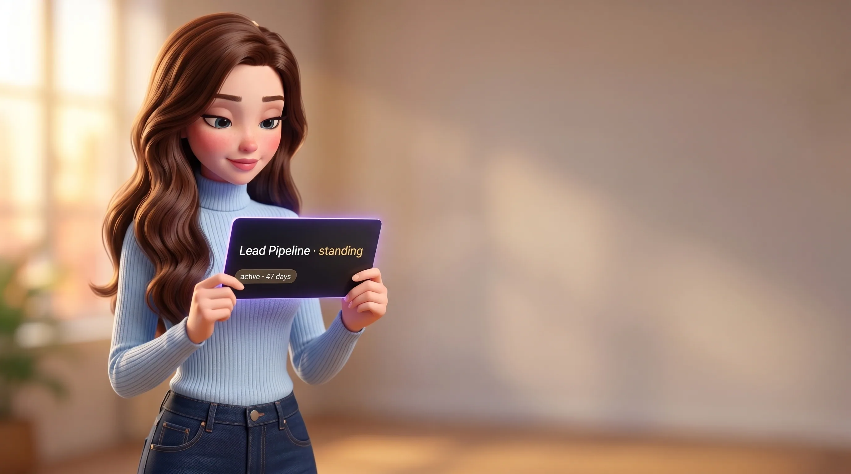 Mari holding a sleek dark mission pass card titled 'Lead Pipeline · standing' with a tiny status chip showing 47 active days