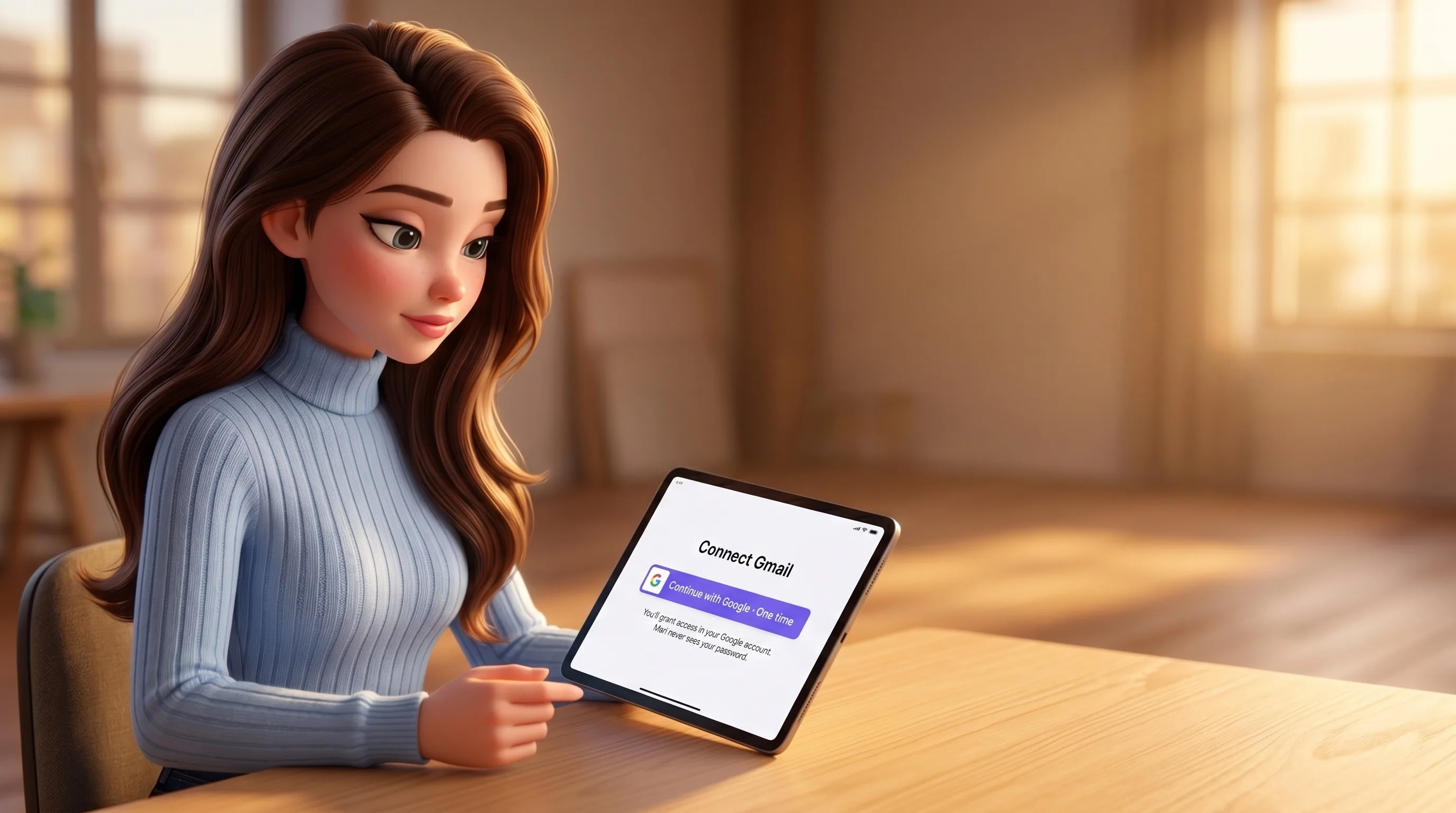 Mari at her desk with an iPad showing a clean modern 'Connect Gmail' screen with a single elegant 'Continue with Google' button