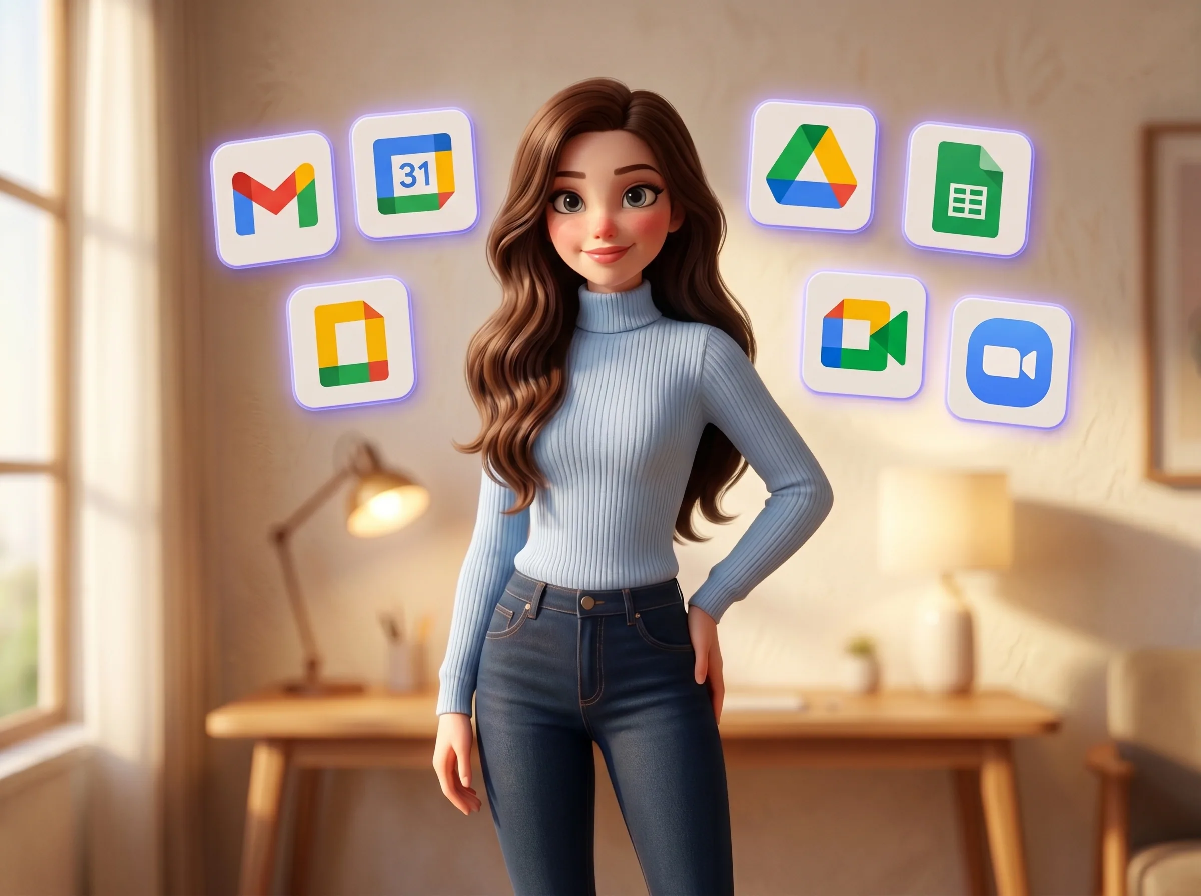 Mari standing in her warm atelier with six app tiles arcing softly behind her