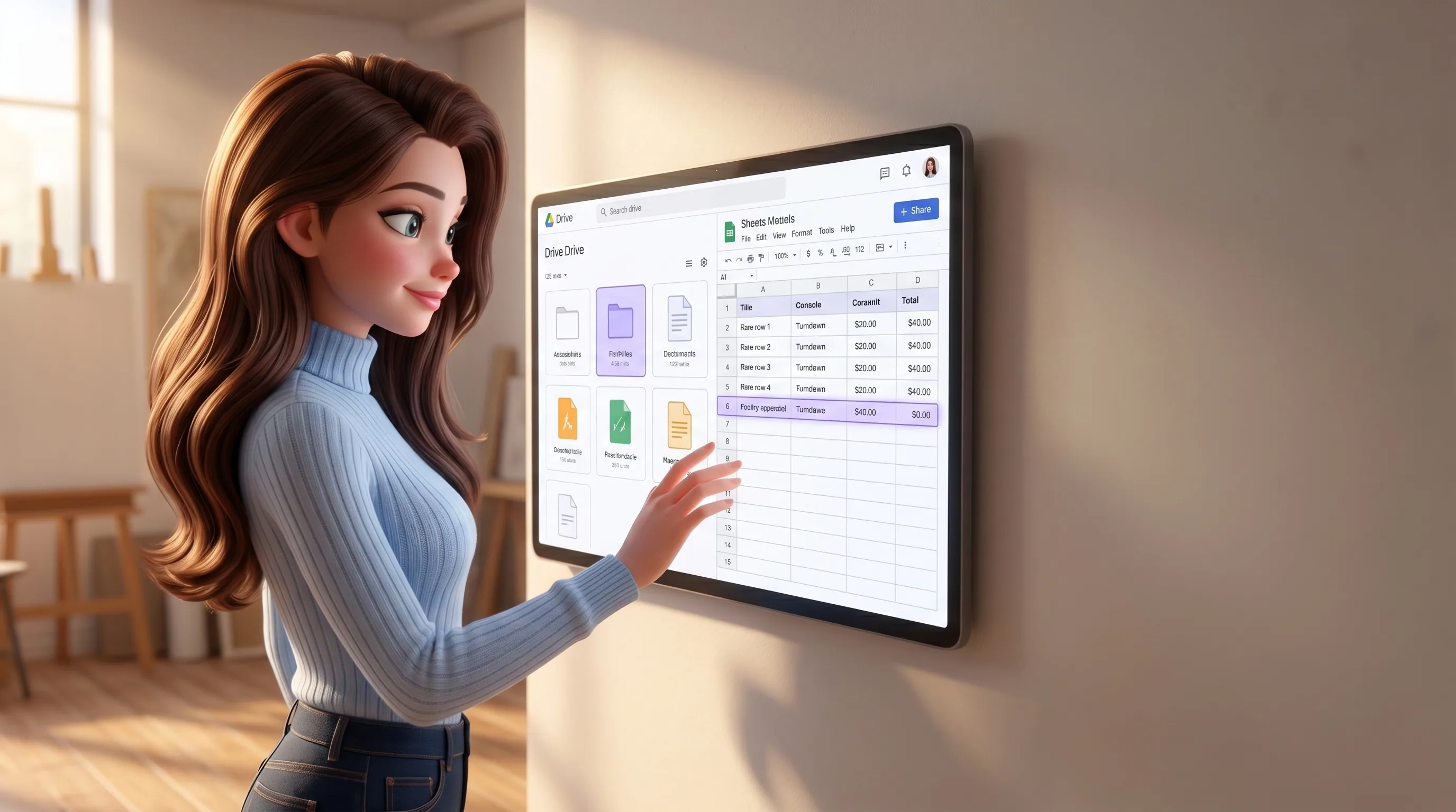 Mari at a monitor showing a Drive file grid above a Sheets table with a soft violet pulse on a newly appended row