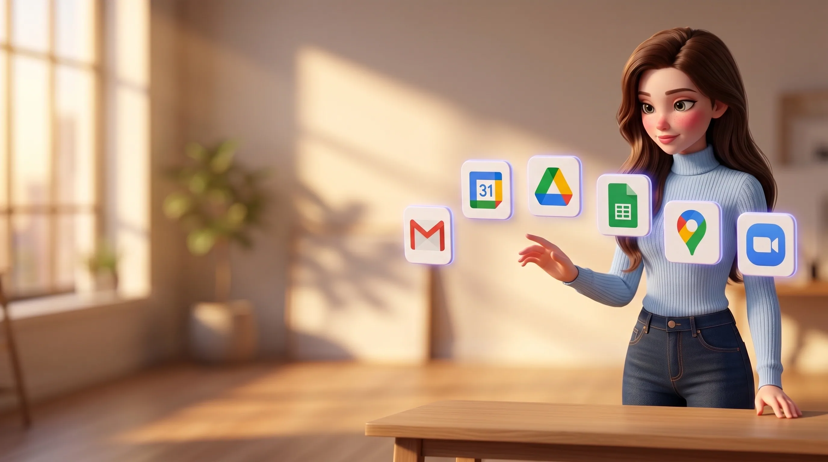 Mari at her desk with six floating app tiles arcing around her