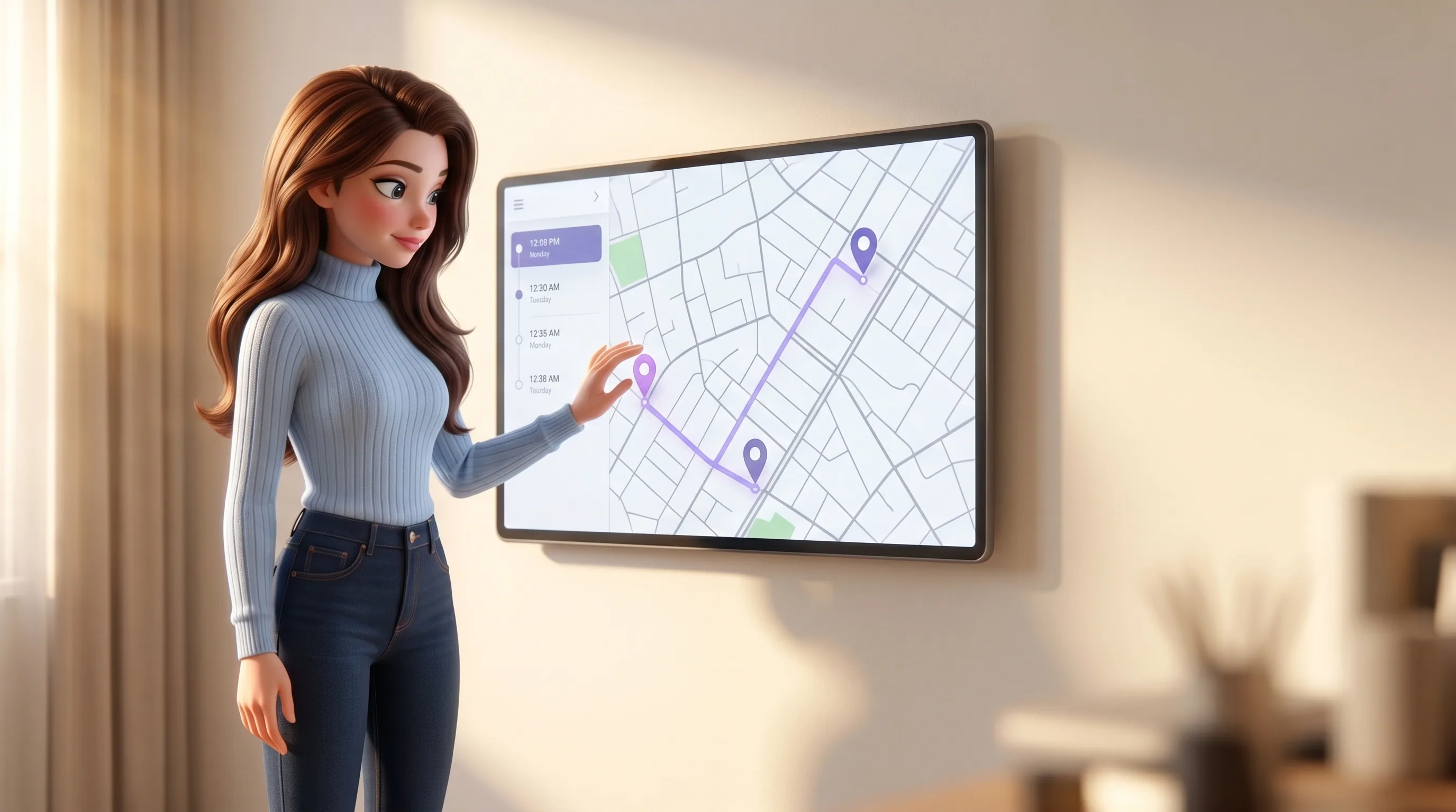 Mari at a monitor showing a clean Google Maps view with three pins connected by a soft violet route line