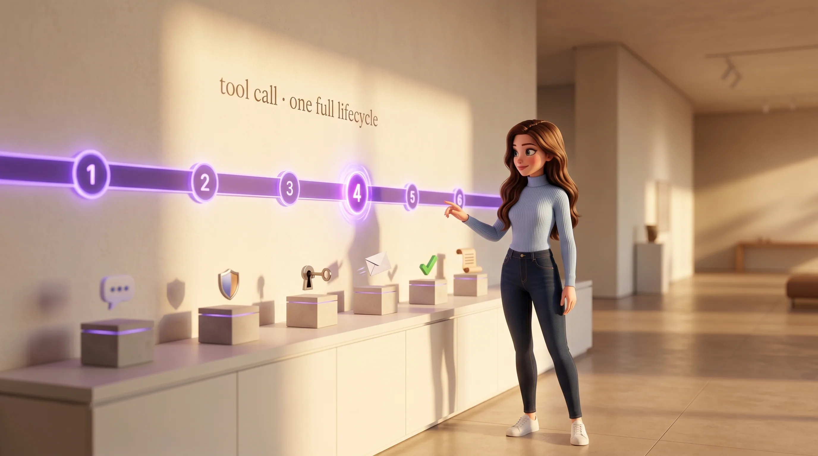 Mari beside a horizontal ribbon-of-light installation with six numbered nodes and small pedestals representing the call lifecycle