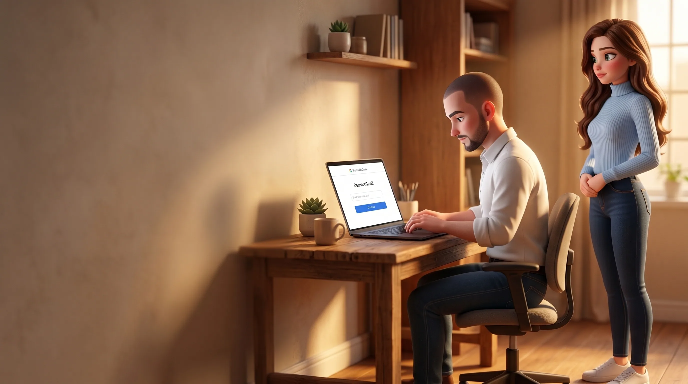 The owner sitting at a laptop completing a clean modern Sign in with Google screen while Mari stands aside with eyes politely averted