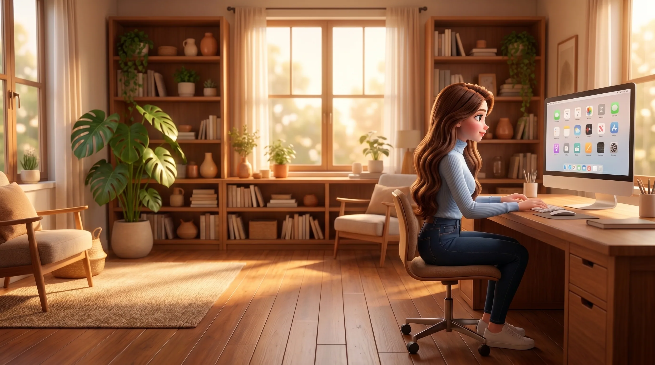 Mari at a connected workspace, her apps joined up