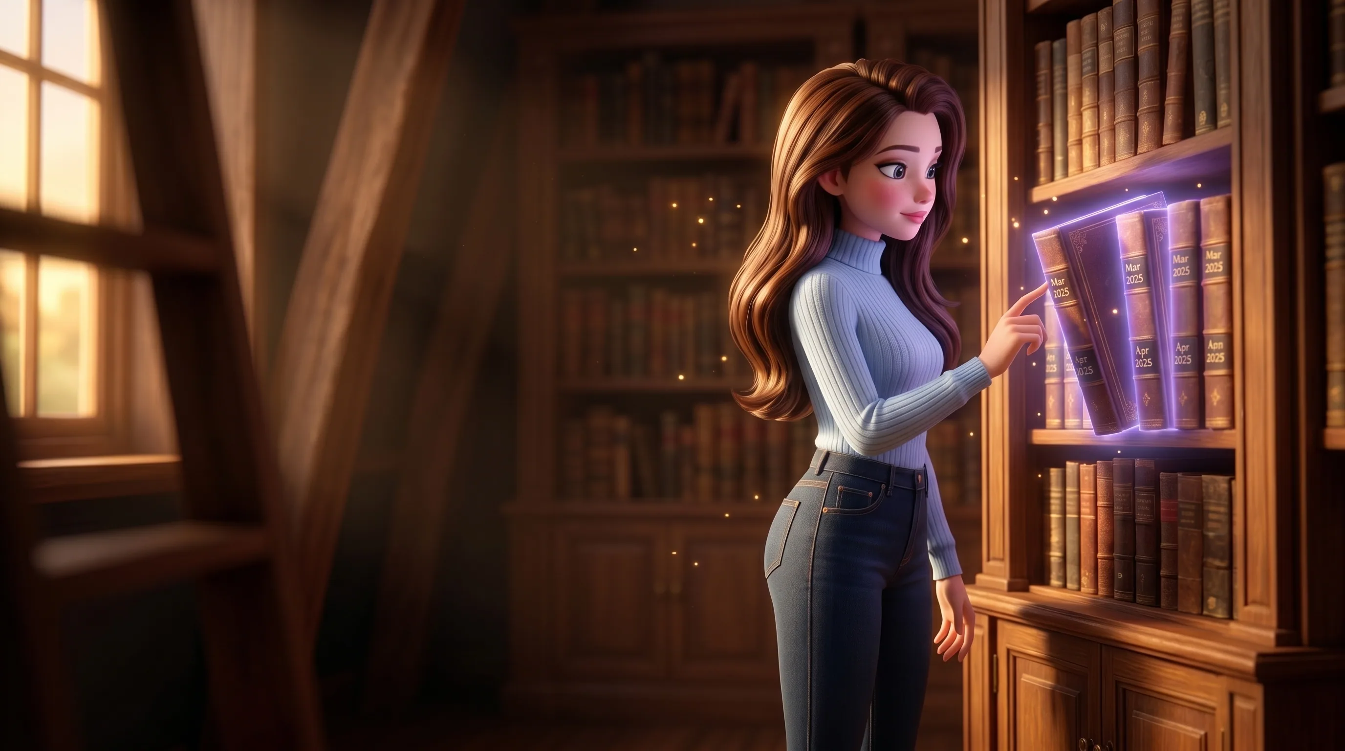 Mari in front of a tall library shelf of leather-bound monthly chronicle volumes, one row glowing softly violet as it is replayed