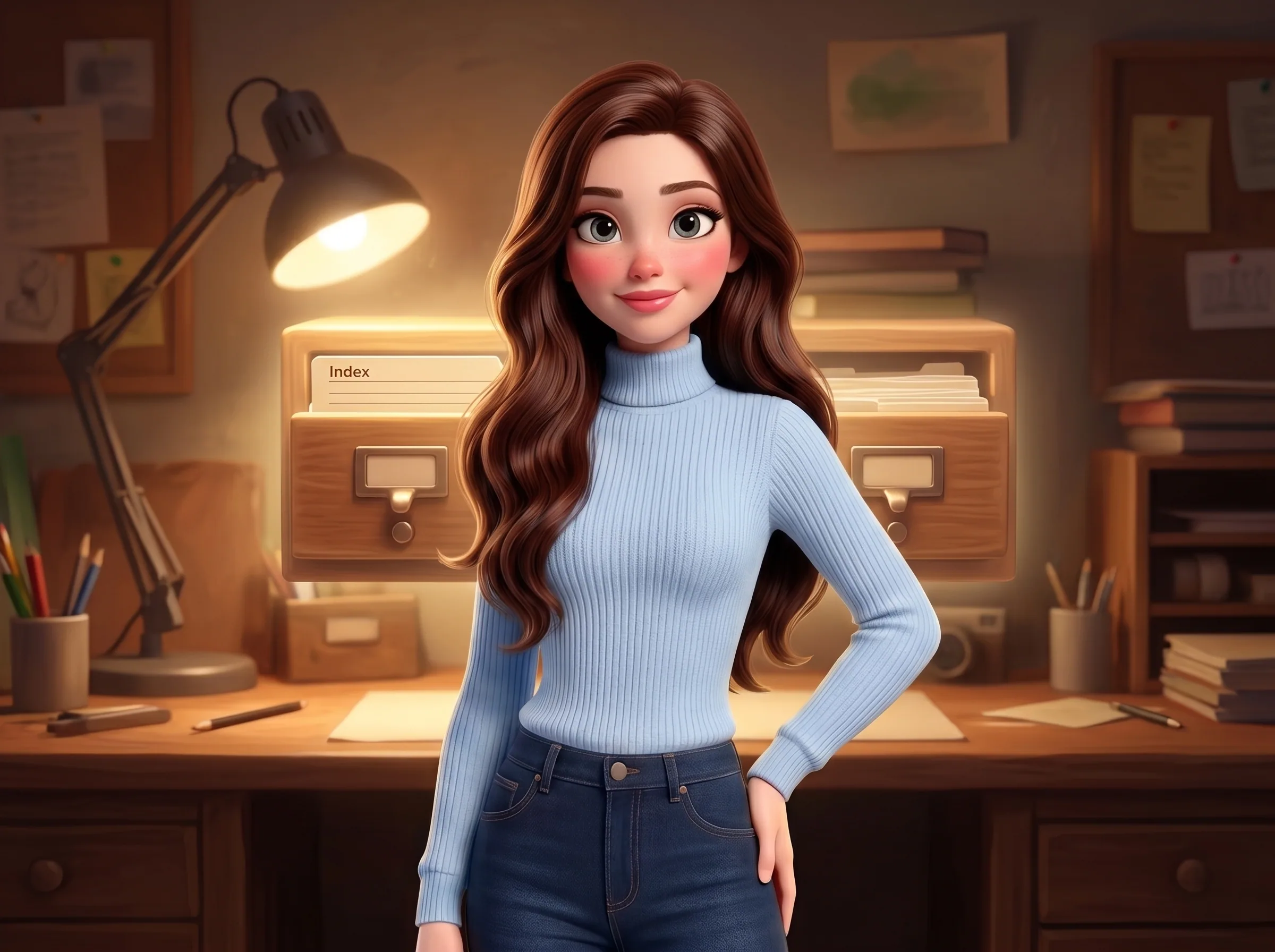 Mari with a glowing wooden card-catalog drawer, the memory archive metaphor