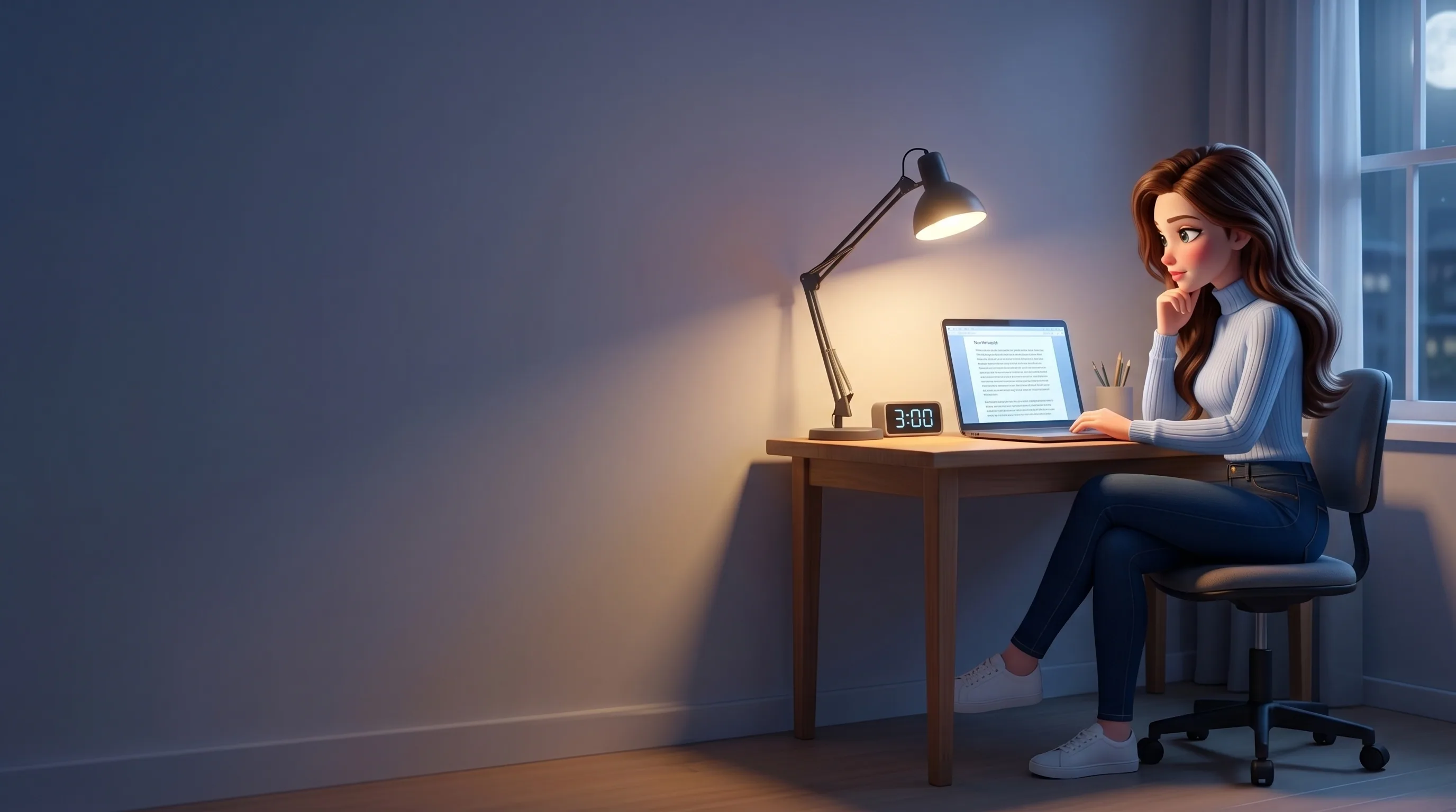 Mari at her desk at 3 AM, soft moonlight, reading the day's transcript