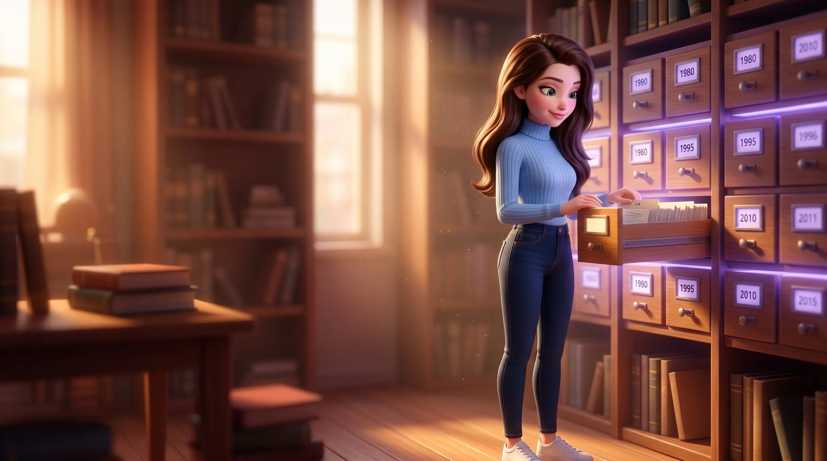Mari in her warm archive room holding an open card-catalog drawer